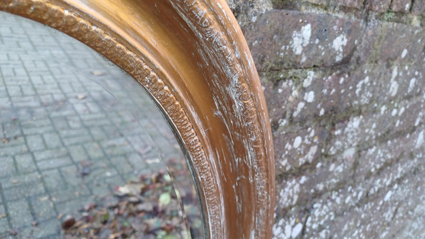 Very Large Gold with White Highlights Vintage Oval Wall Mirror with Bevelled Glass