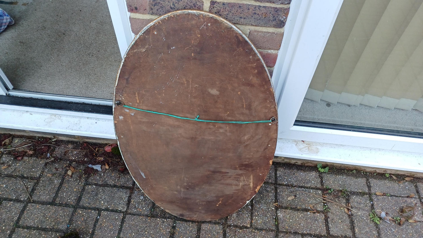 Very Large Gold with White Highlights Vintage Oval Wall Mirror with Bevelled Glass