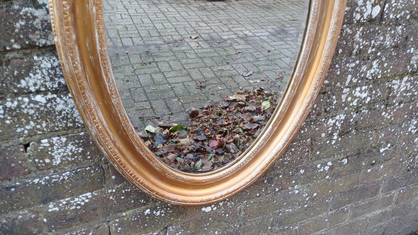 Very Large Gold with White Highlights Vintage Oval Wall Mirror with Bevelled Glass