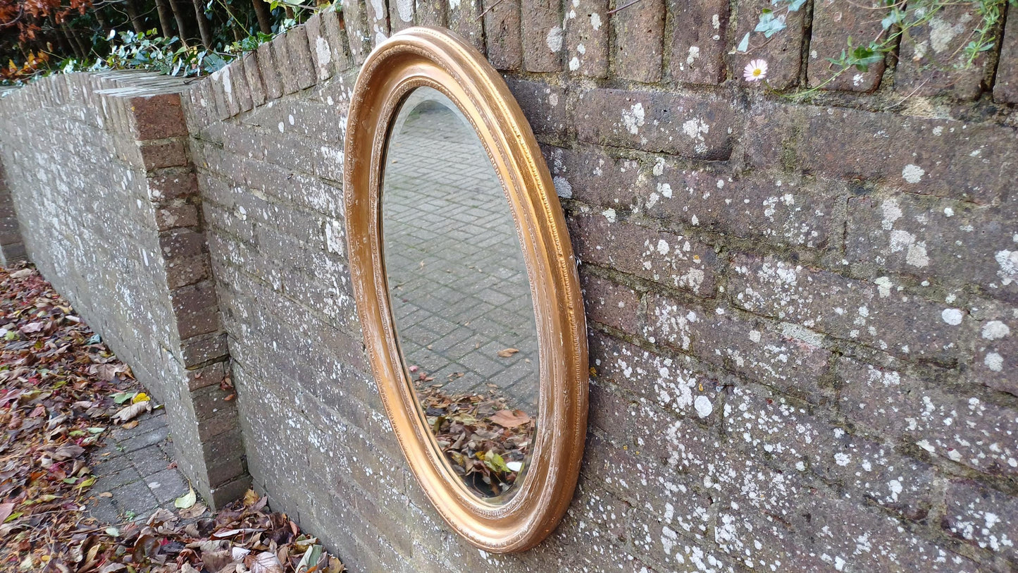 Very Large Gold with White Highlights Vintage Oval Wall Mirror with Bevelled Glass