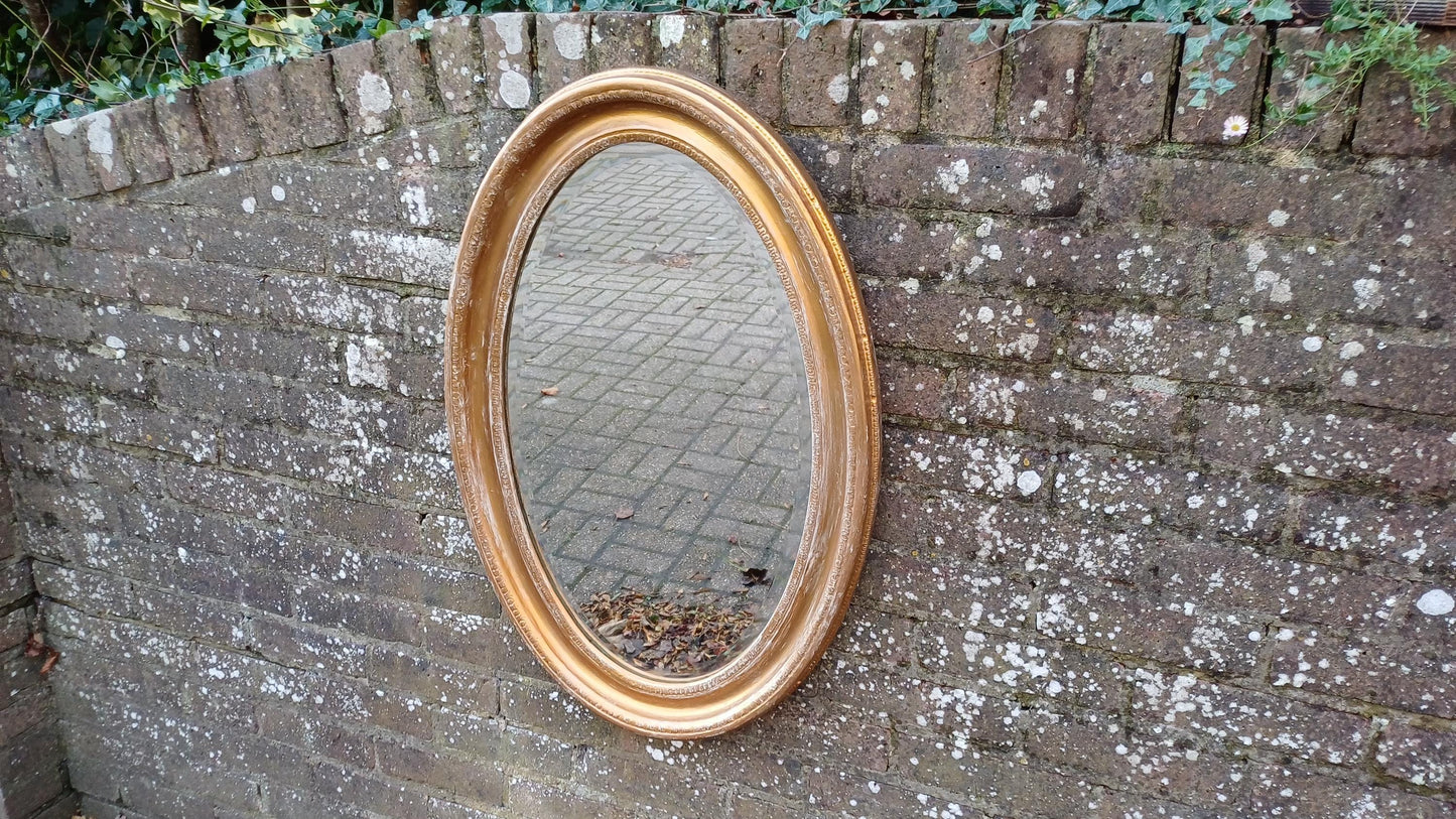 Very Large Gold with White Highlights Vintage Oval Wall Mirror with Bevelled Glass
