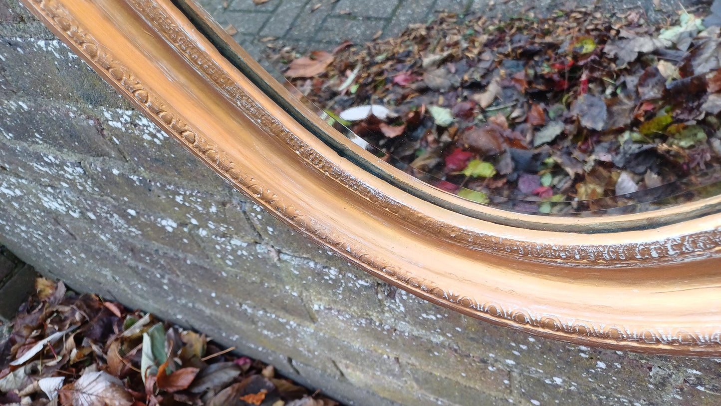 Very Large Gold with White Highlights Vintage Oval Wall Mirror with Bevelled Glass