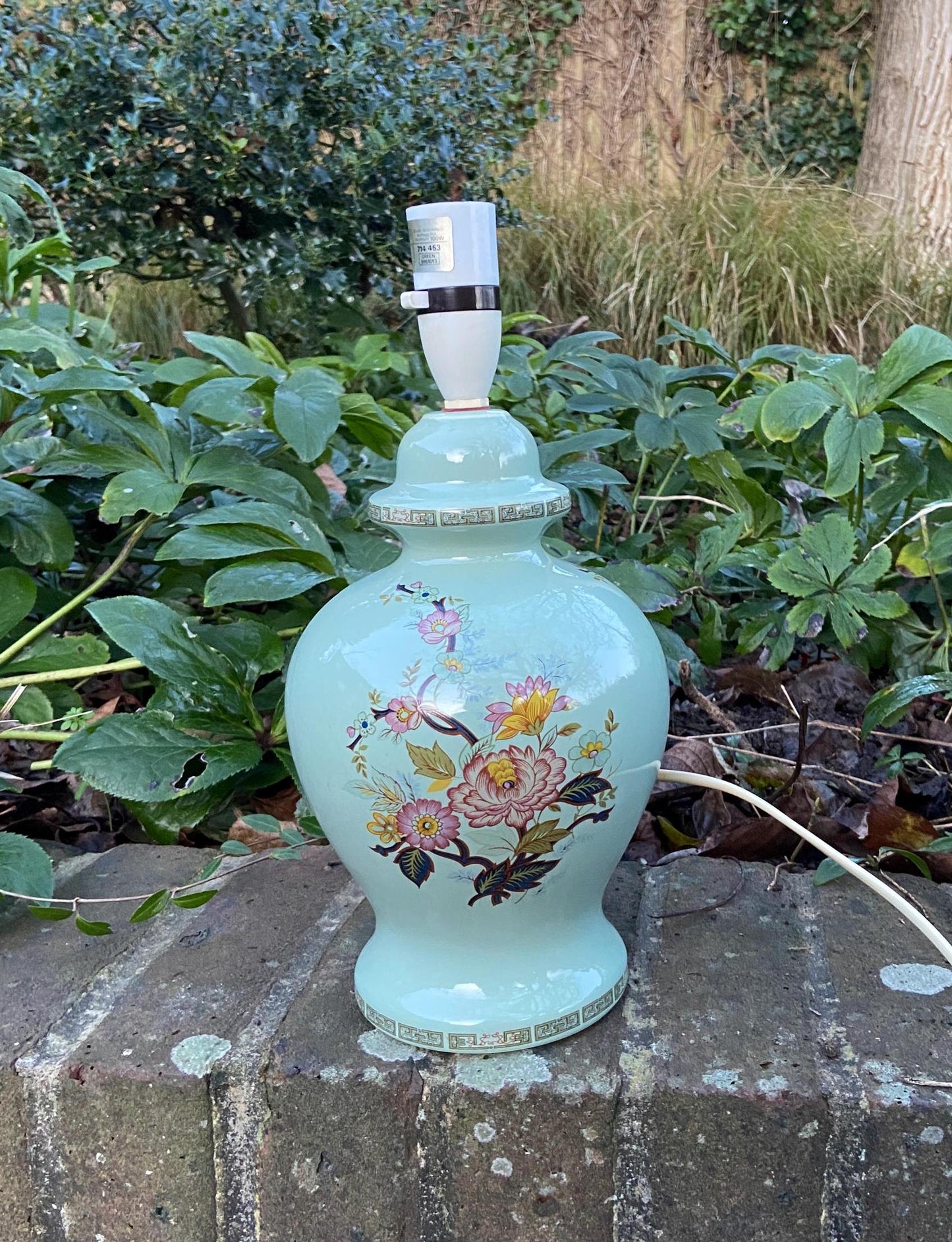 Retro 1970s BHS vintage table lamp. Green ceramic with floral transfers. working retro table lamp