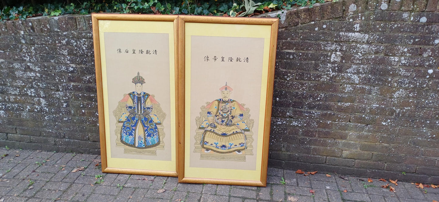 Massive Majestic Vintage Hand Painted on Silk Paintings Chinese Emperor and Empress 126 x 67 cm FREE HAND DELIVERY Qianlong and Quin Dynasty