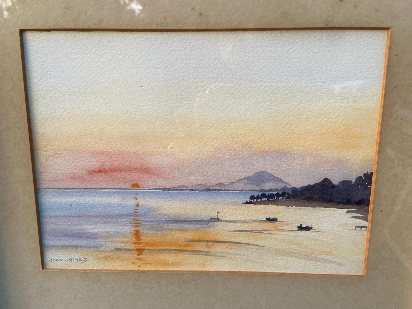 Original Joan Hadfield water colour of Sunrise at Cos 1958, mid century framed original painting