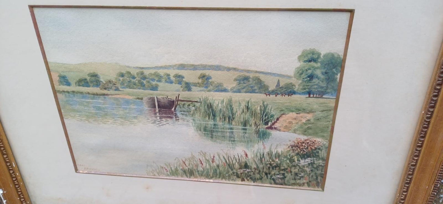 Genuine Vintage Victorian Watercolour - Moored Boat by Shore a Countryside Landscape, Age-Worn Gilt Frame &Mount ‘Near Arundel’ Sussex