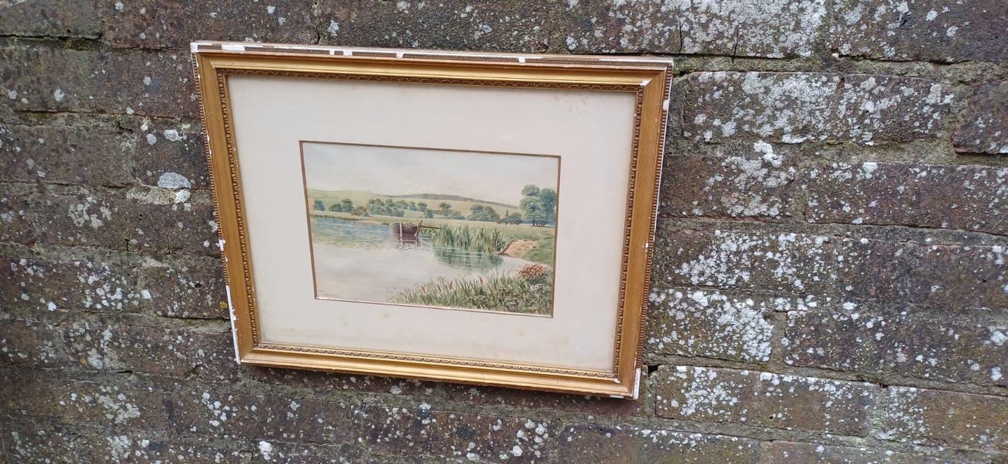 Genuine Vintage Victorian Watercolour - Moored Boat by Shore a Countryside Landscape, Age-Worn Gilt Frame &Mount ‘Near Arundel’ Sussex
