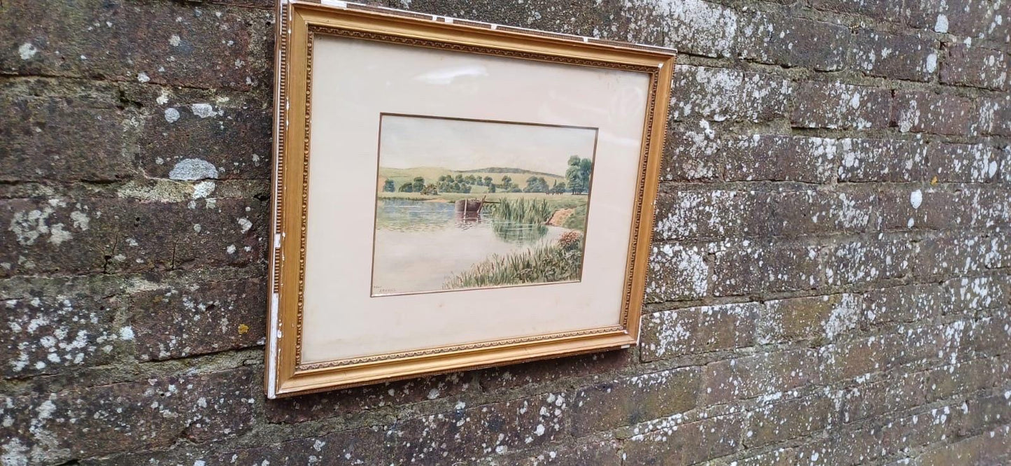 Genuine Vintage Victorian Watercolour - Moored Boat by Shore a Countryside Landscape, Age-Worn Gilt Frame &Mount ‘Near Arundel’ Sussex