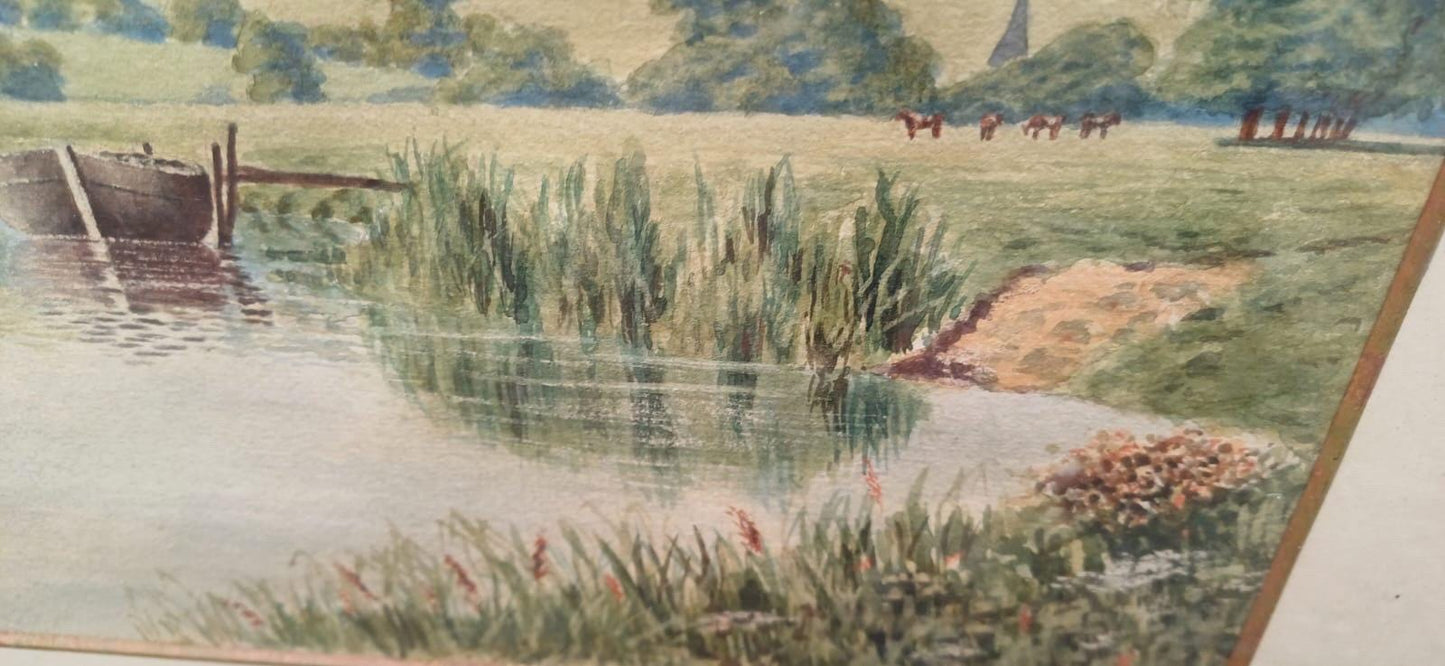 Genuine Vintage Victorian Watercolour - Moored Boat by Shore a Countryside Landscape, Age-Worn Gilt Frame &Mount ‘Near Arundel’ Sussex