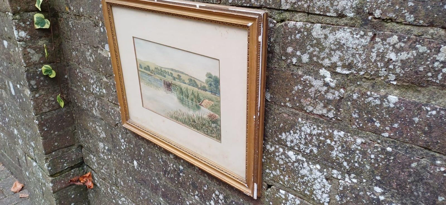 Genuine Vintage Victorian Watercolour - Moored Boat by Shore a Countryside Landscape, Age-Worn Gilt Frame &Mount ‘Near Arundel’ Sussex