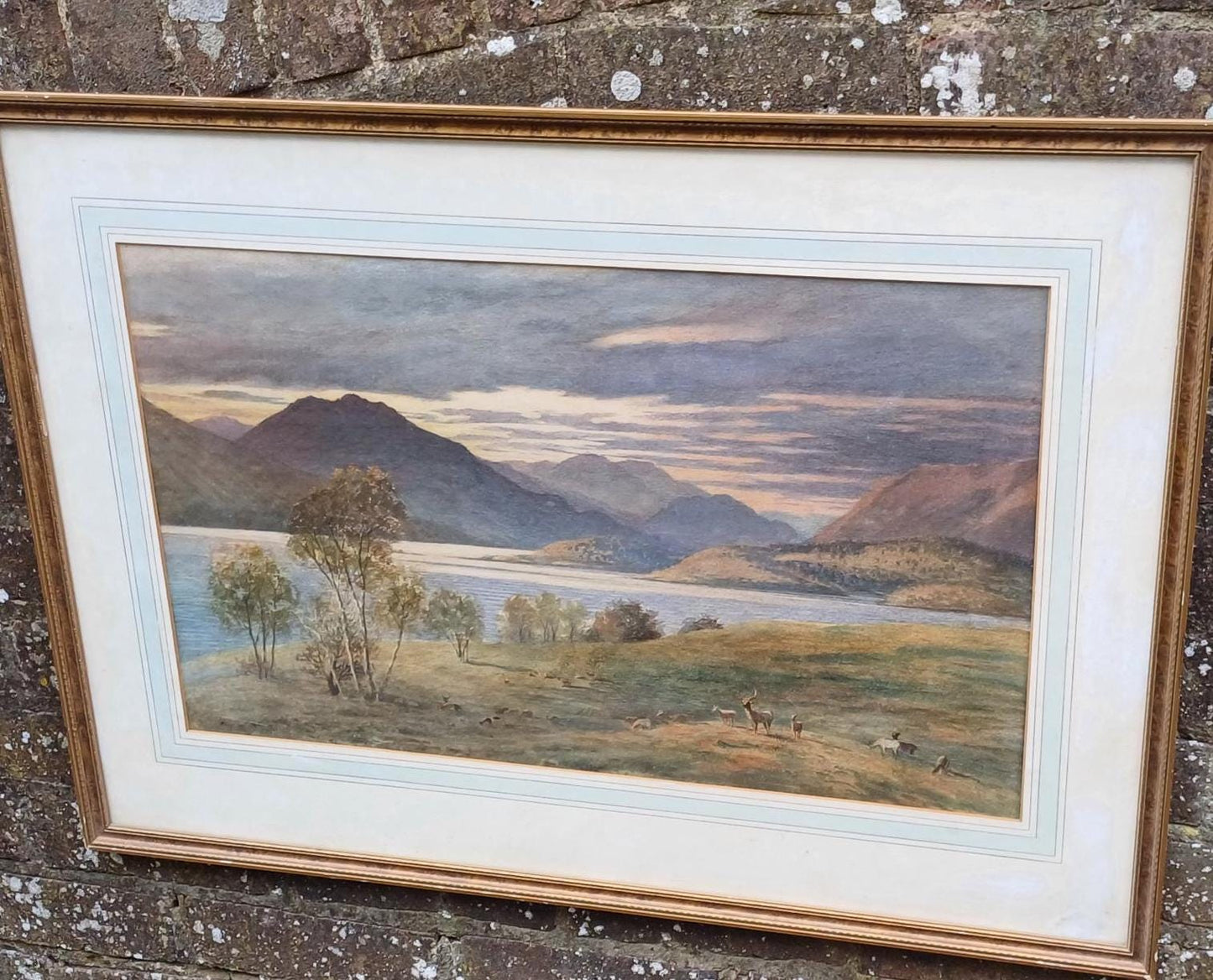 original vintage water colour painting of the scottish highlands; in a glazed vintage frame