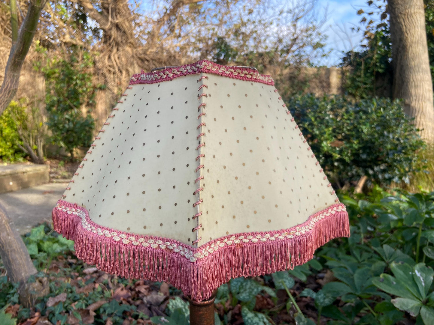 Vintage 1920s Cream Mica or Celluloid Table Lamp Shade with Gold Polka Dots, Pink Thread, and Fringe – unusual shape with Curved Sides