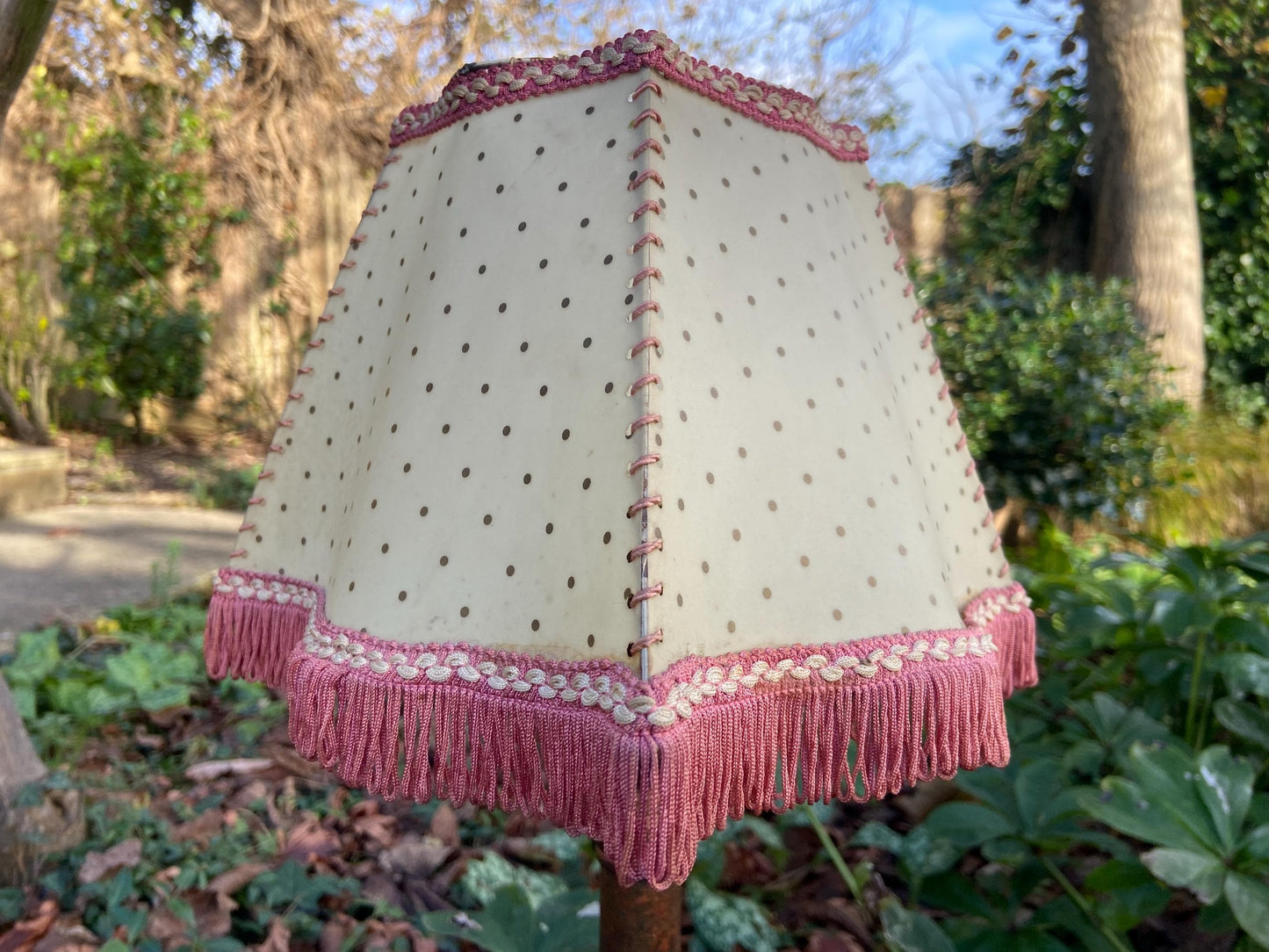 Vintage 1920s Cream Mica or Celluloid Table Lamp Shade with Gold Polka Dots, Pink Thread, and Fringe – unusual shape with Curved Sides