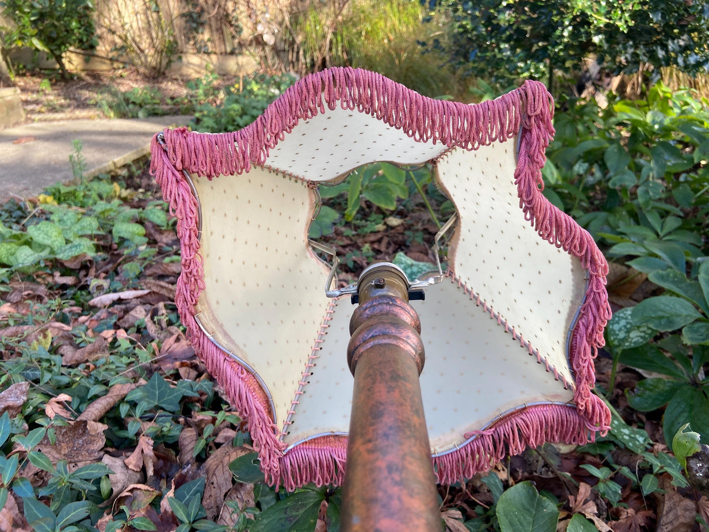Vintage 1920s Cream Mica or Celluloid Table Lamp Shade with Gold Polka Dots, Pink Thread, and Fringe – unusual shape with Curved Sides