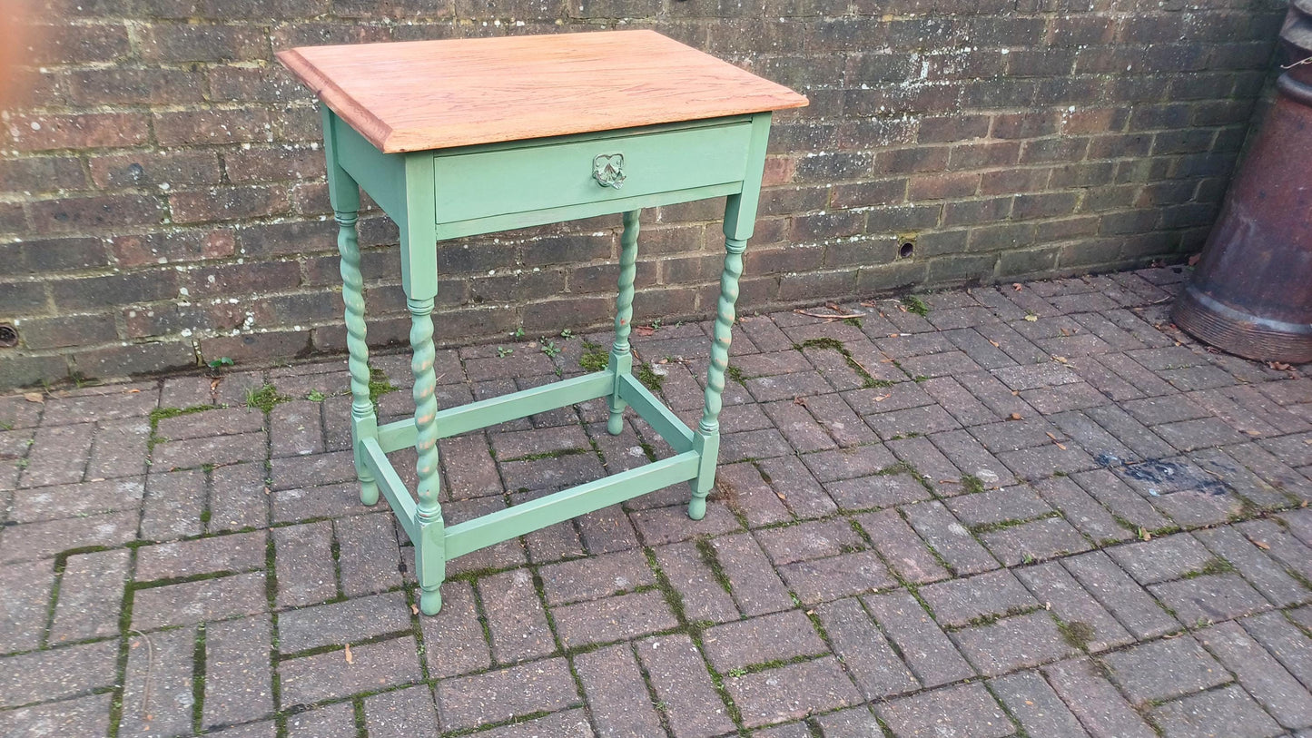 Beautiful and Very Useful Solid Oak Painted Side Table with Drawer in Green Stripped and Oiled Top