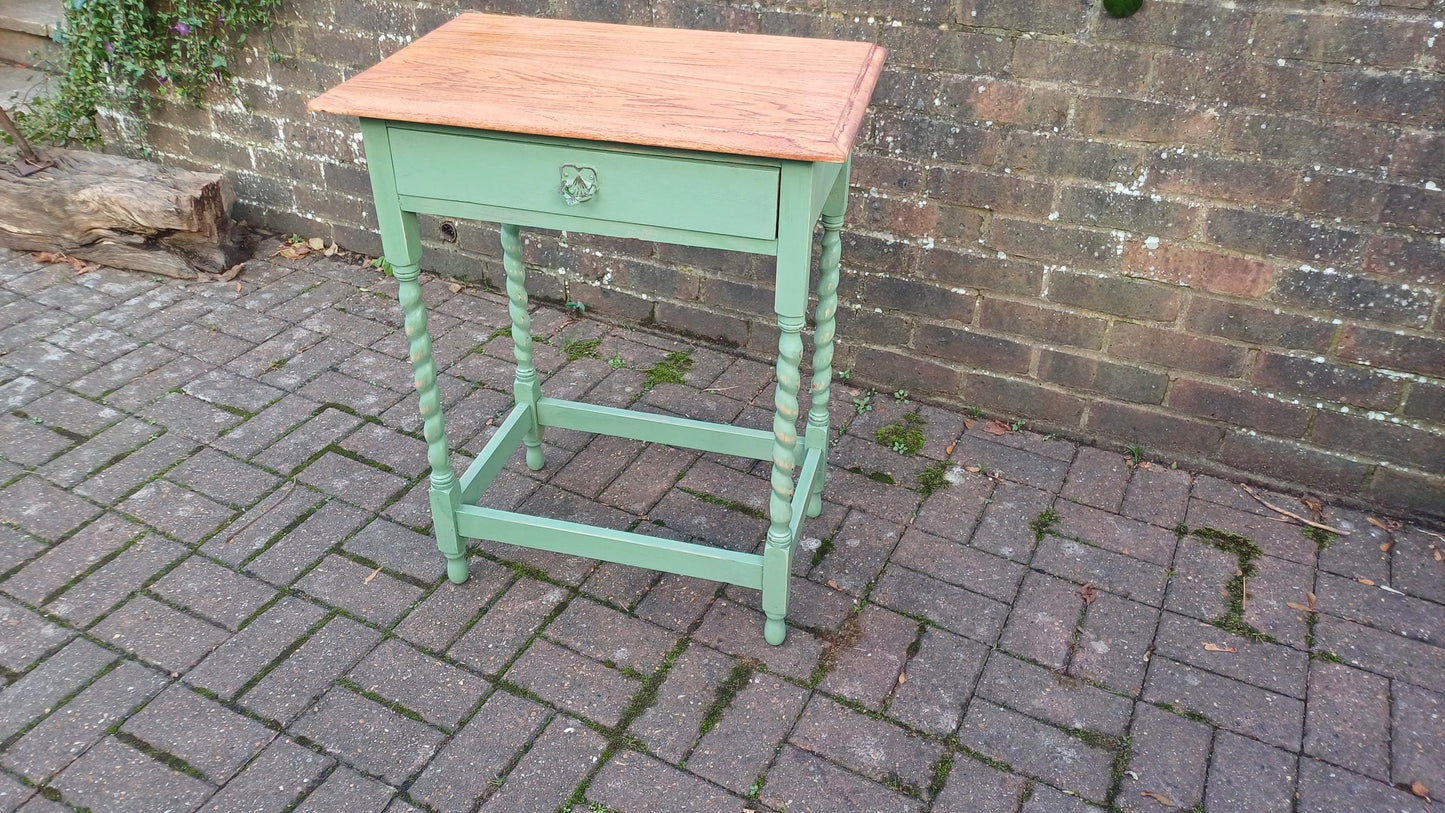 Beautiful and Very Useful Solid Oak Painted Side Table with Drawer in Green Stripped and Oiled Top