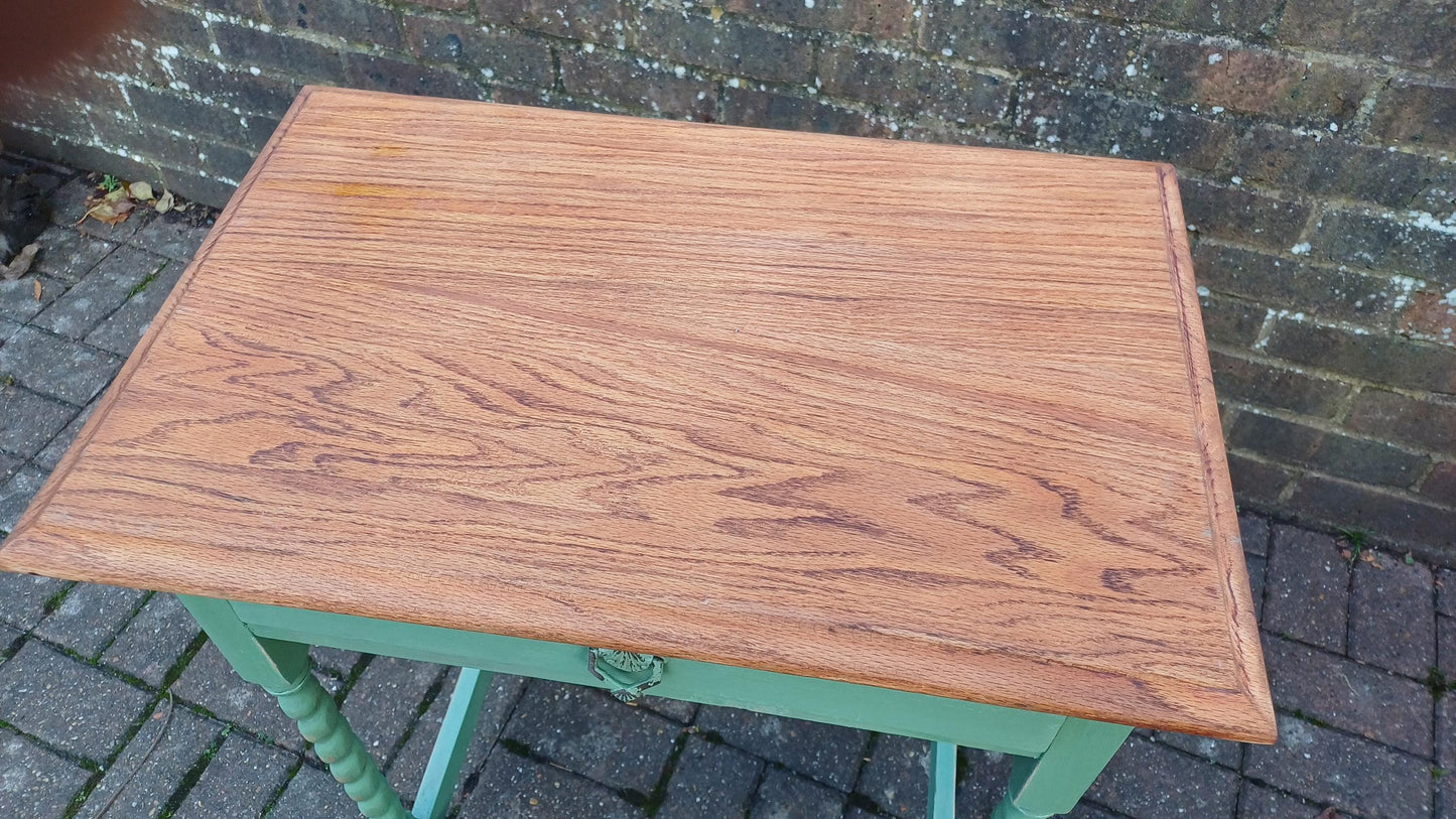 Beautiful and Very Useful Solid Oak Painted Side Table with Drawer in Green Stripped and Oiled Top