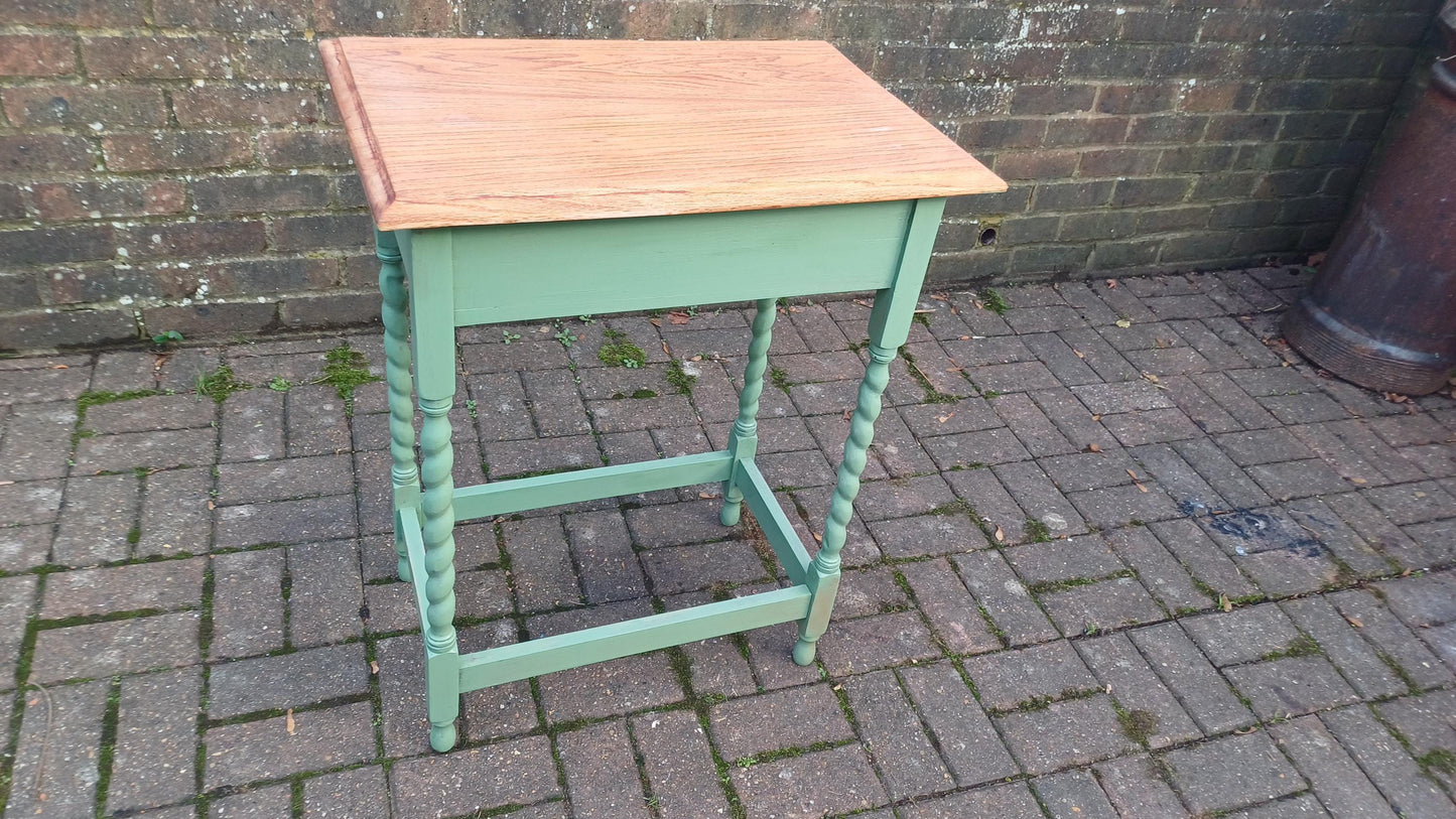 Beautiful and Very Useful Solid Oak Painted Side Table with Drawer in Green Stripped and Oiled Top