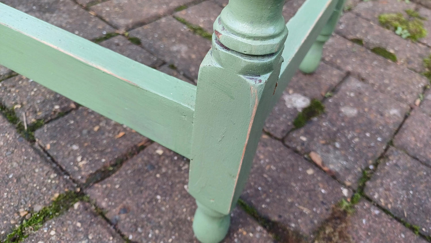 Beautiful and Very Useful Solid Oak Painted Side Table with Drawer in Green Stripped and Oiled Top