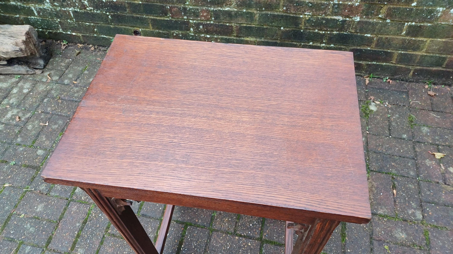 Early 20th Century Vintage Solid Oak Side Table with Gothic Detail.