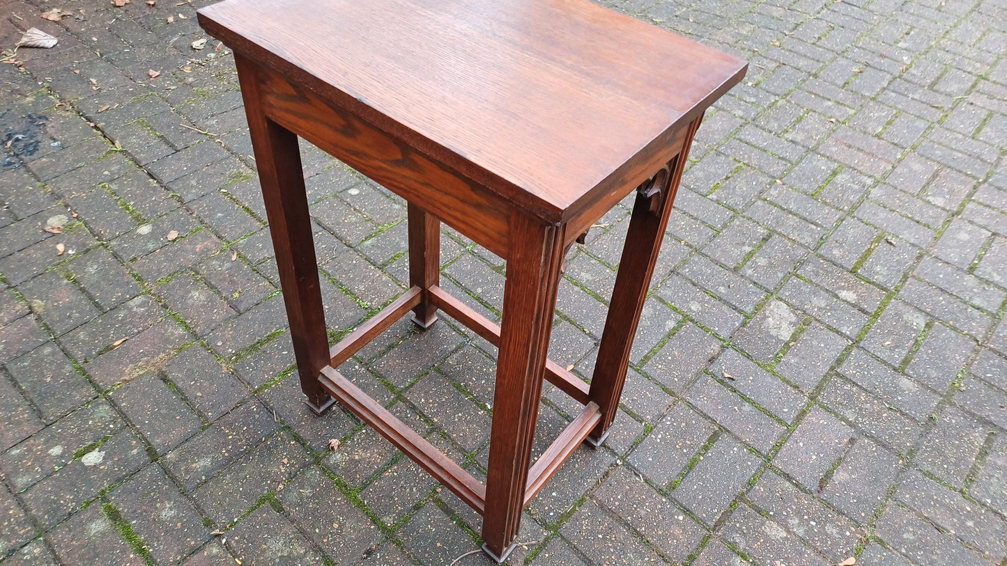 Early 20th Century Vintage Solid Oak Side Table with Gothic Detail.