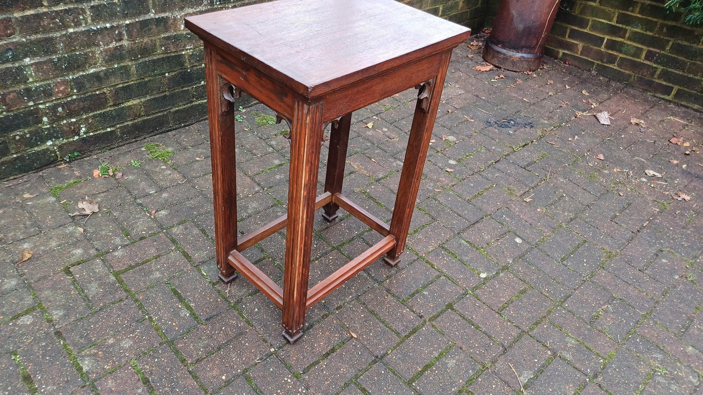 Early 20th Century Vintage Solid Oak Side Table with Gothic Detail.
