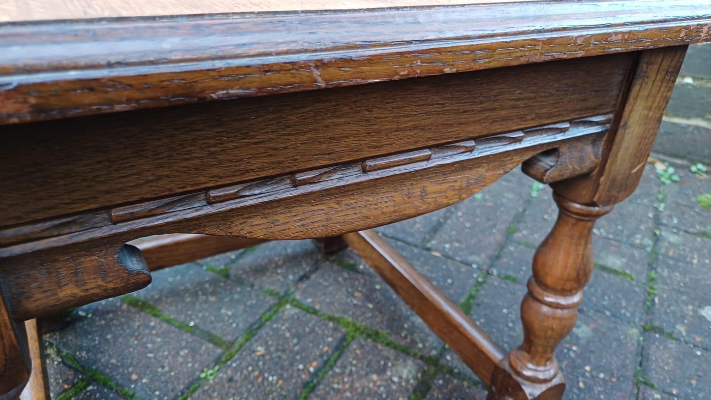 Early 1900s small oak vintage coffee table - delightful, useful, attractive, refurbed top (approx 45cm sq)