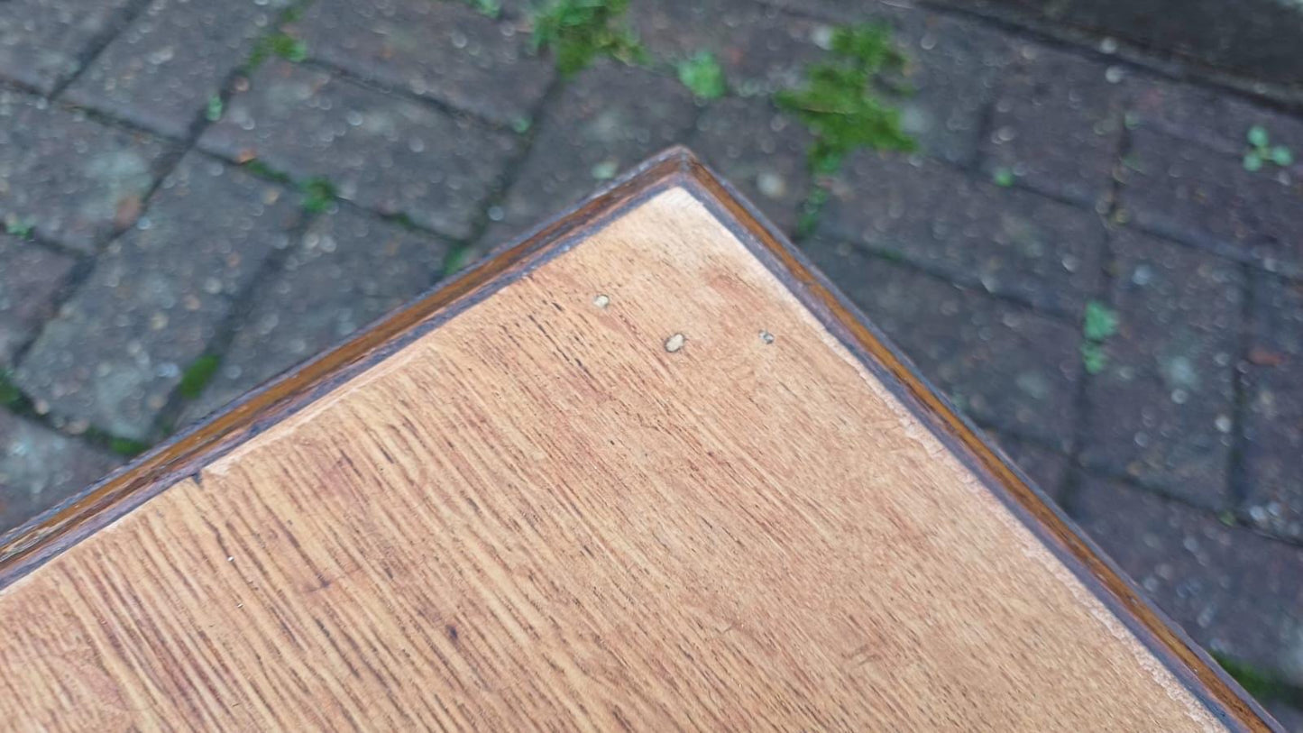 Early 1900s small oak vintage coffee table - delightful, useful, attractive, refurbed top (approx 45cm sq)