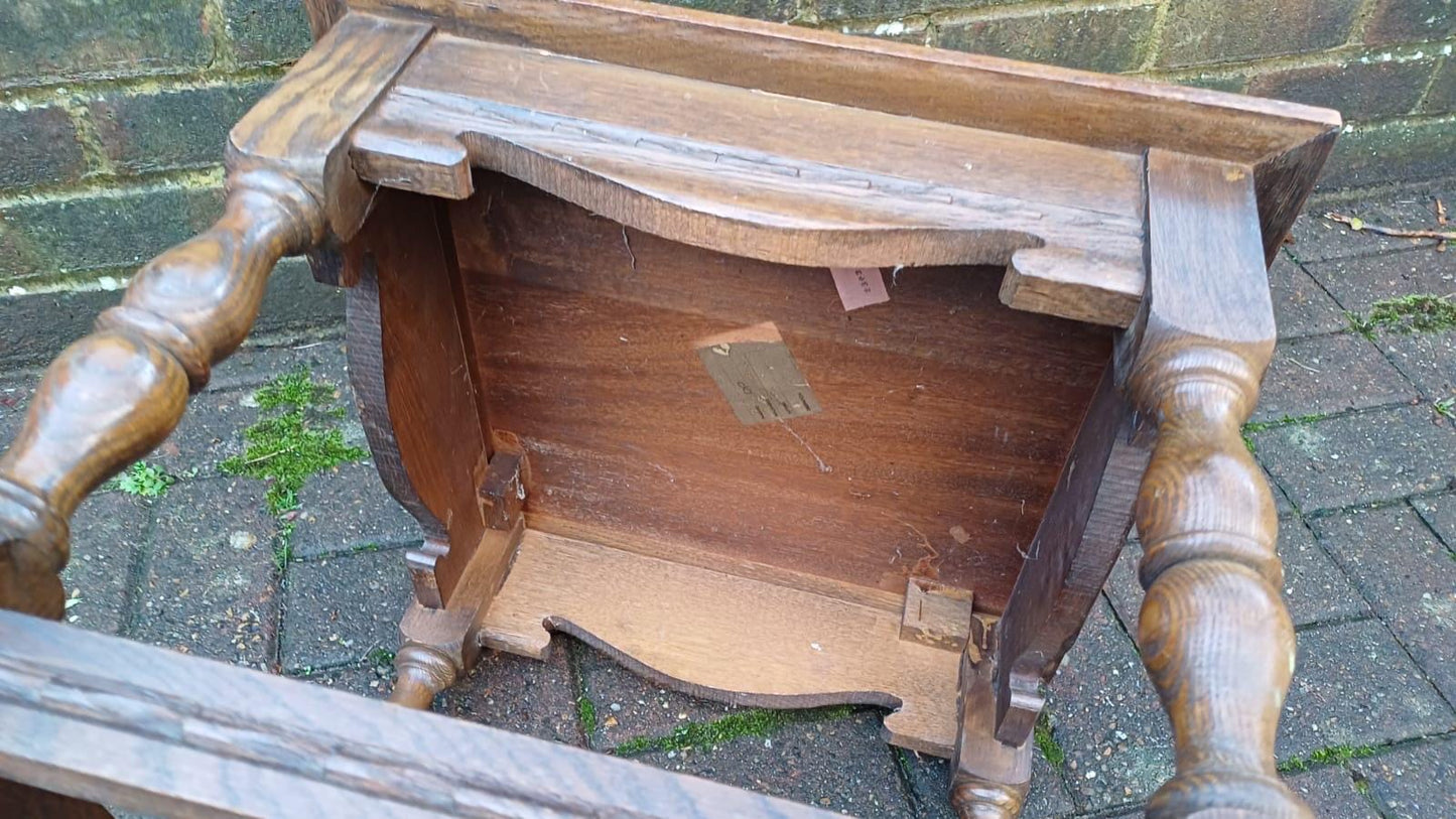 Early 1900s small oak vintage coffee table - delightful, useful, attractive, refurbed top (approx 45cm sq)