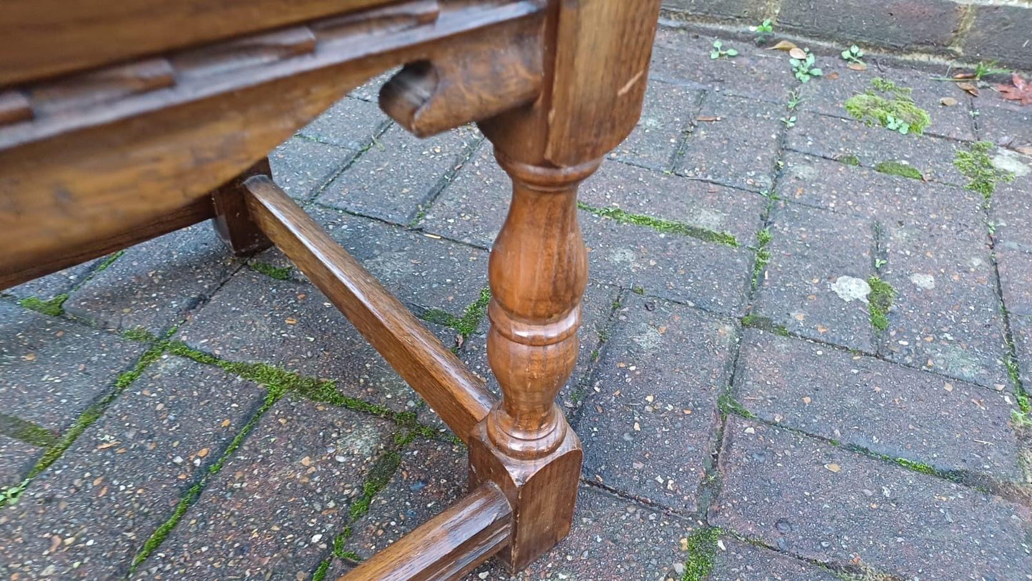 Early 1900s small oak vintage coffee table - delightful, useful, attractive, refurbed top (approx 45cm sq)