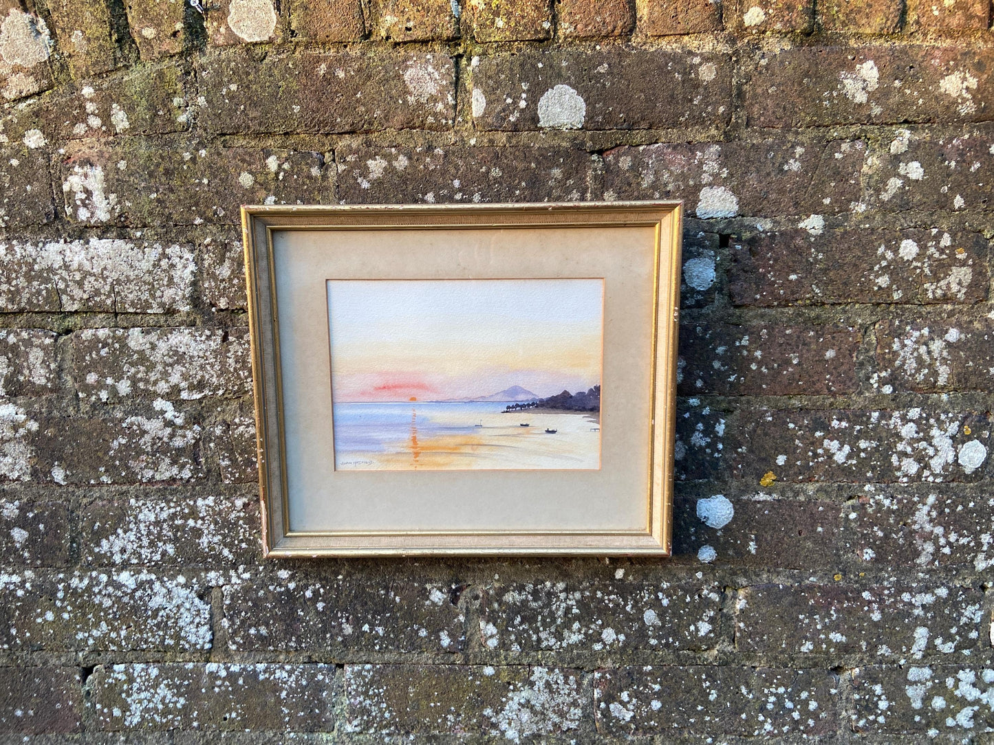 sunrise at Cos, Greece, watercolour. sunset water colour by Joan Hadfield. Sussex artist. Retro painting. Retro frame. framed water colour