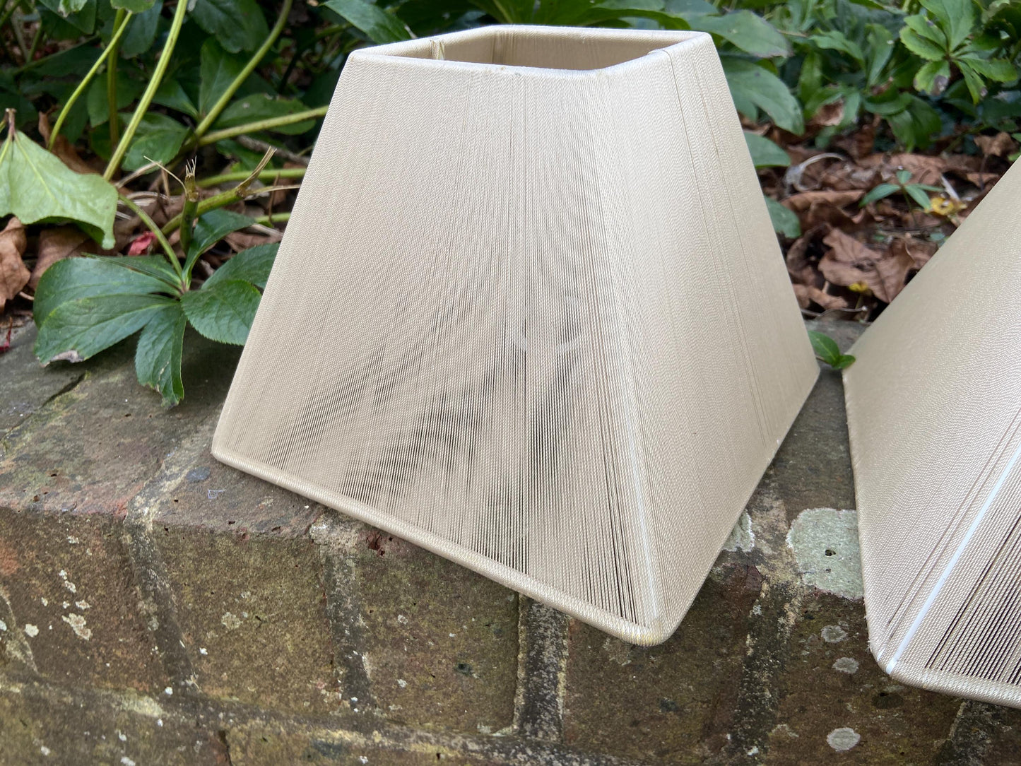 Pair of vintage string tapered sqaure small lamp shades 20cm sq, 15.5cm tall