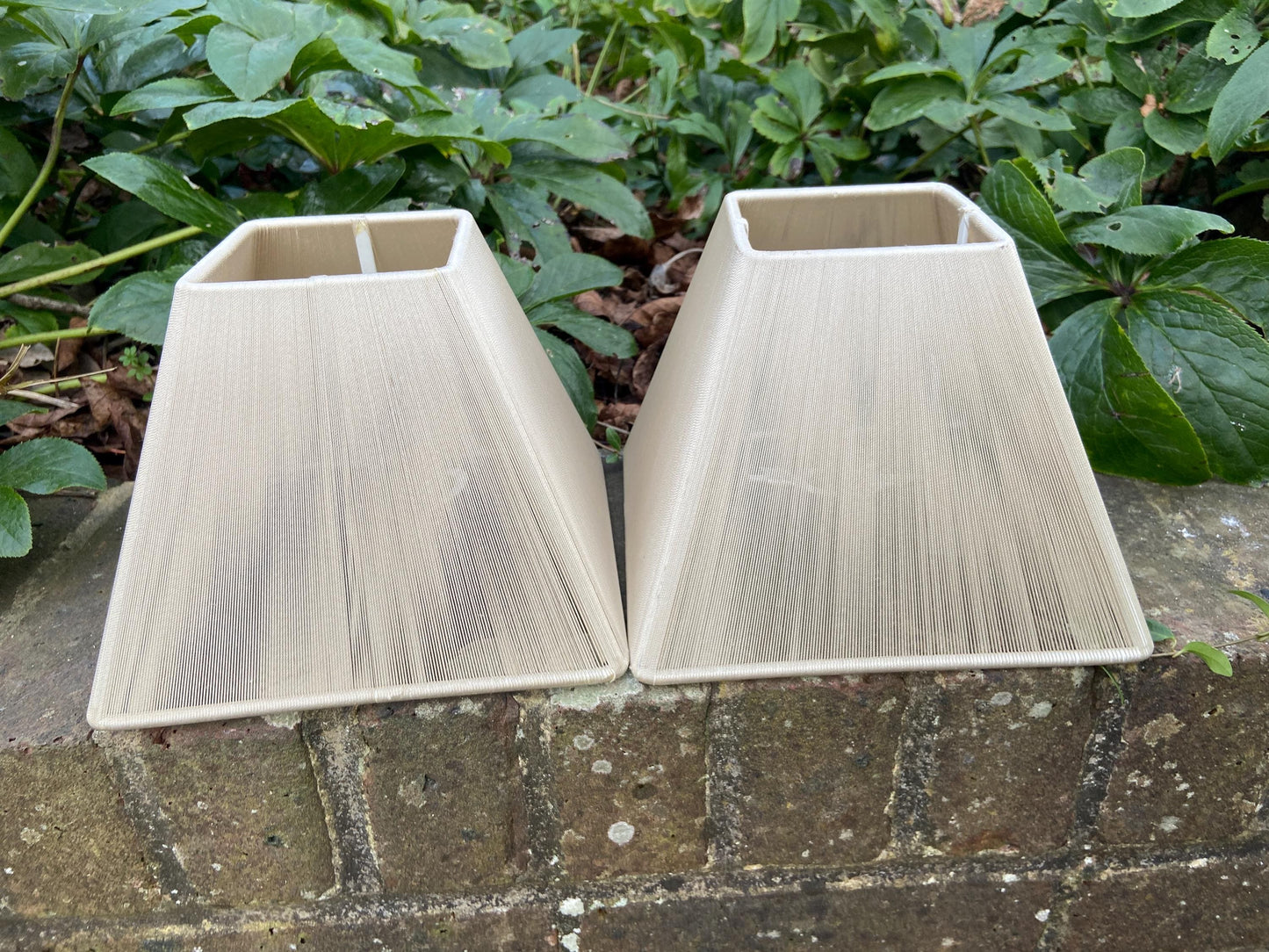 Pair of vintage string tapered sqaure small lamp shades 20cm sq, 15.5cm tall