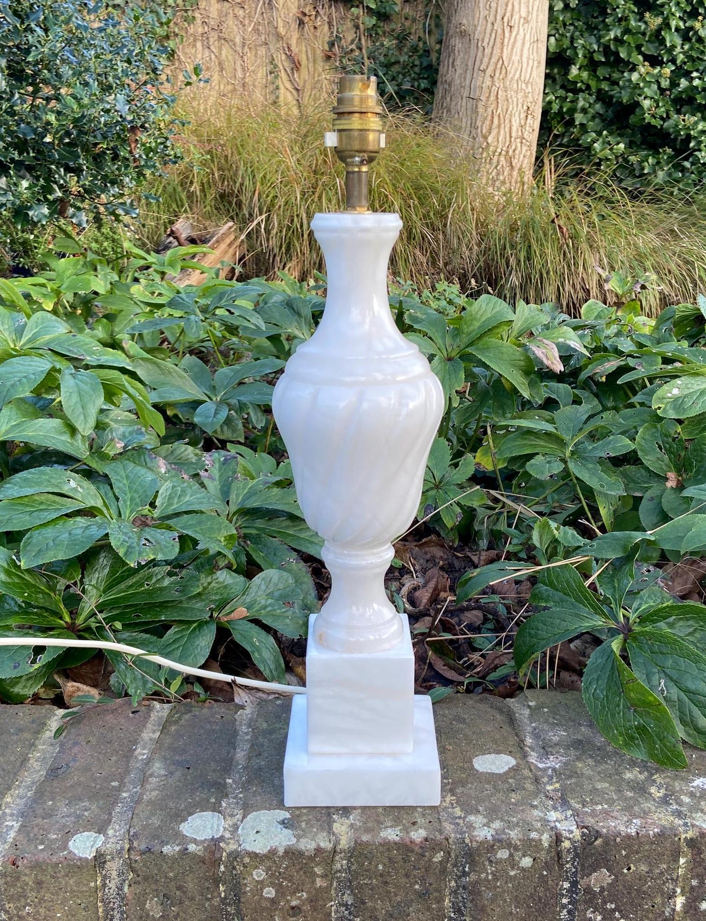 classic shaped white alabaster lamp, working vintage lamp, very tall