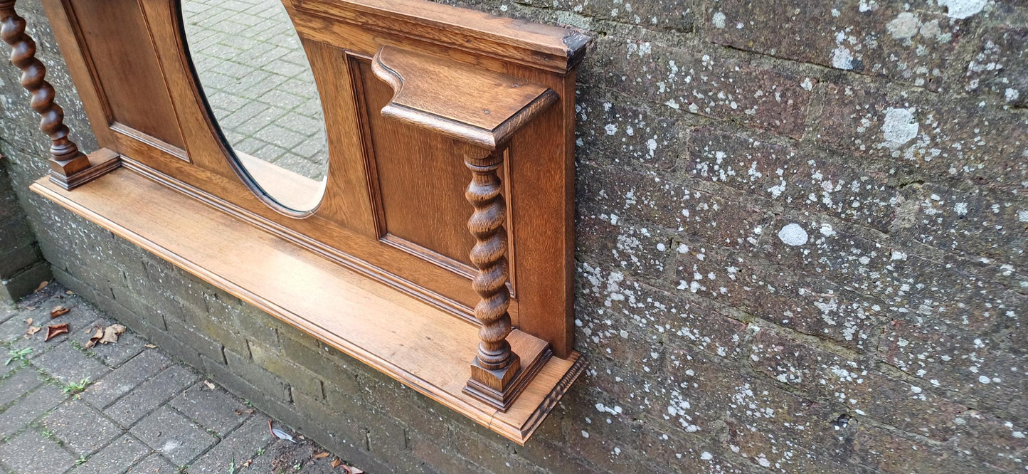 Elegant Upcycled Solid Oak Overmantel Mirror with Barley Twist Shelf & Bevelled Glass FREE HAND Delivery.