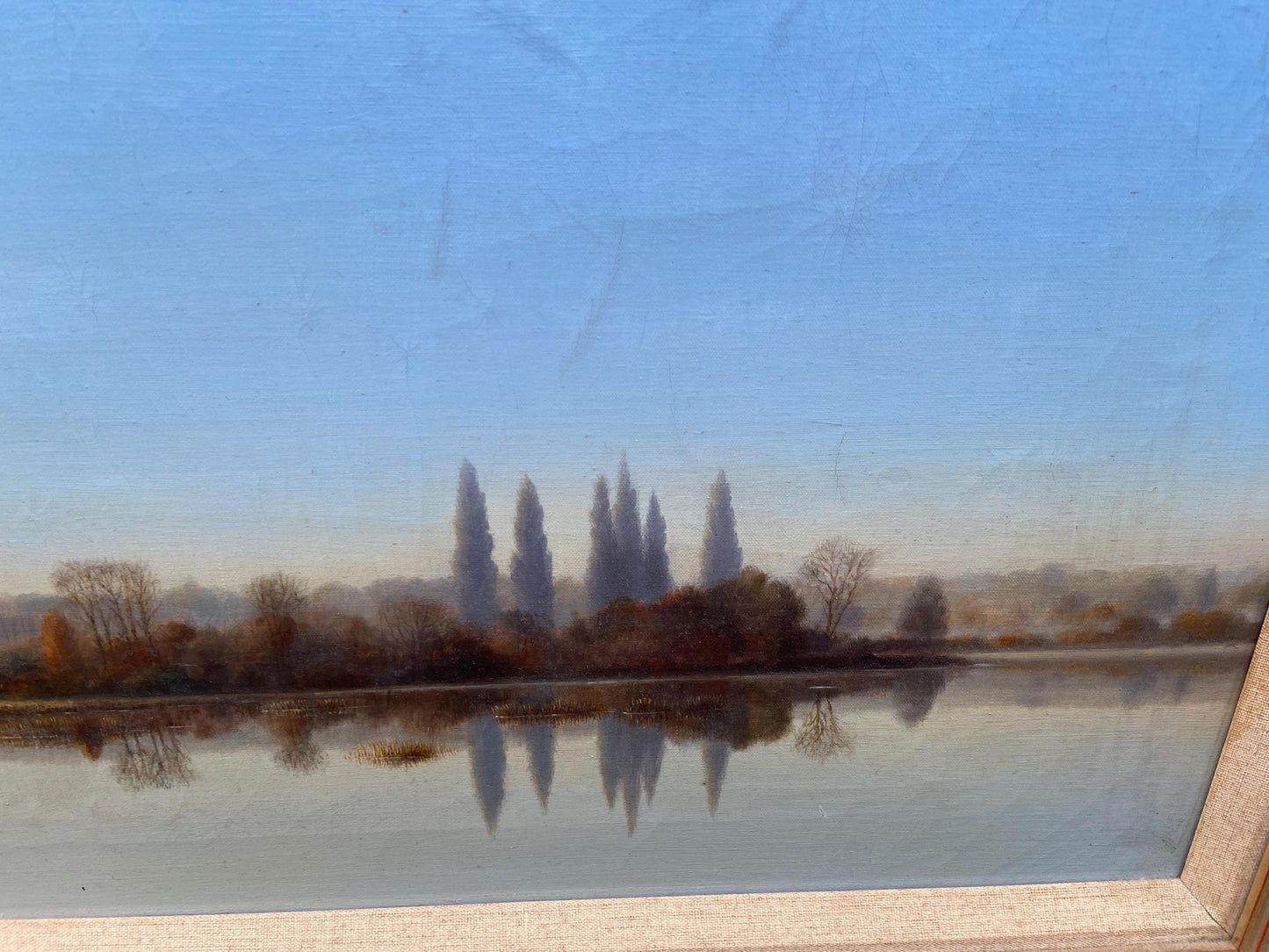 Very large Kenneth Howes Retro oil print on canvas “Early morning on the Loire” (97.5cm x 57.5cm)