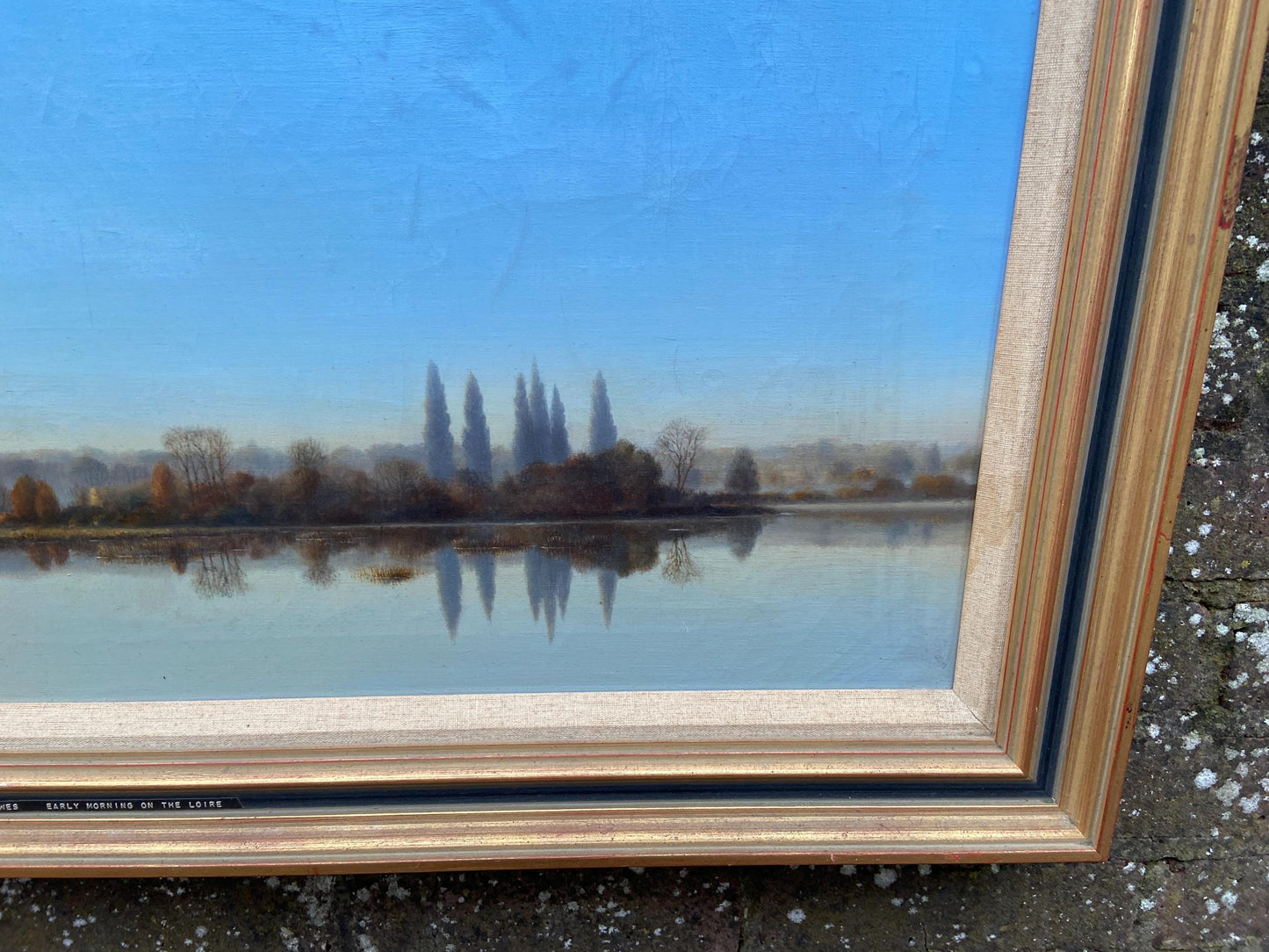 Very large Kenneth Howes Retro oil print on canvas “Early morning on the Loire” (97.5cm x 57.5cm)