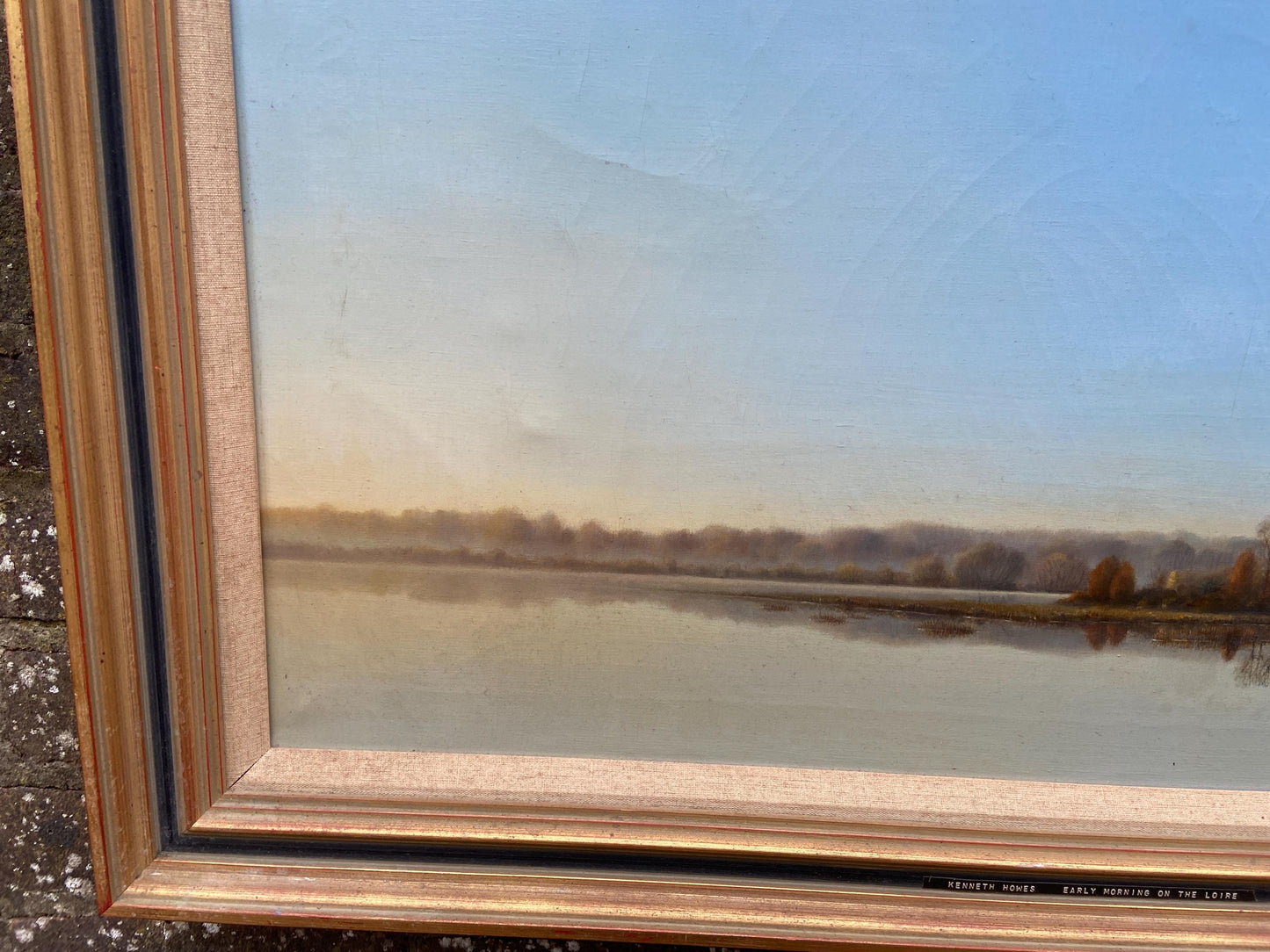 Very large Kenneth Howes Retro oil print on canvas “Early morning on the Loire” (97.5cm x 57.5cm)