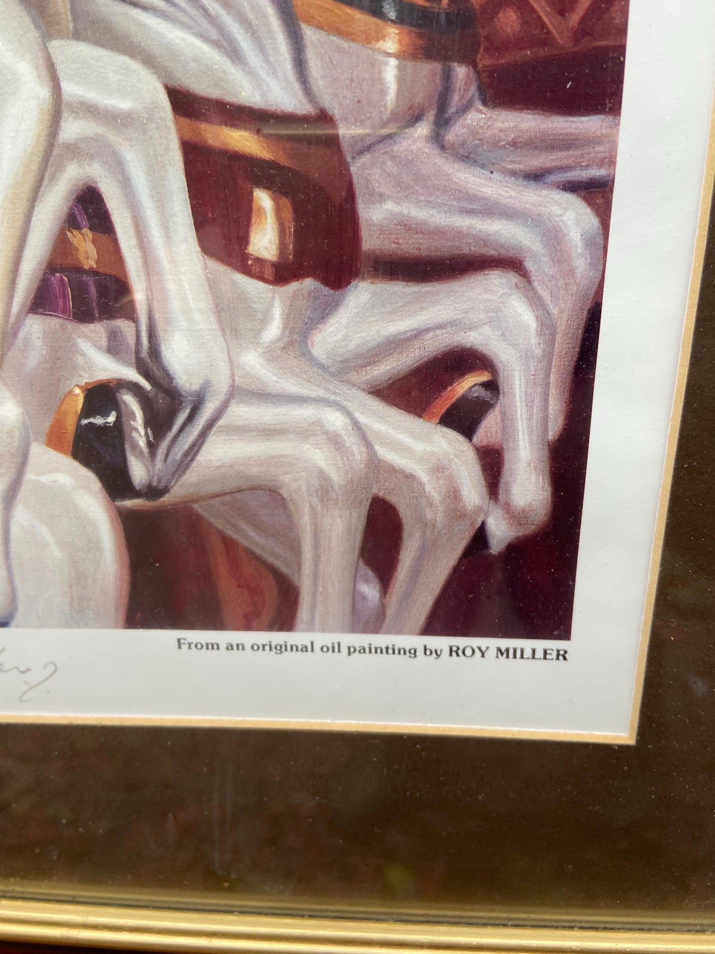 Carousel Horses "Neck and Neck" - Limited Edition vintage print (58/475) of a vintage painting by Roy Miller 1980s. Professionally framed.