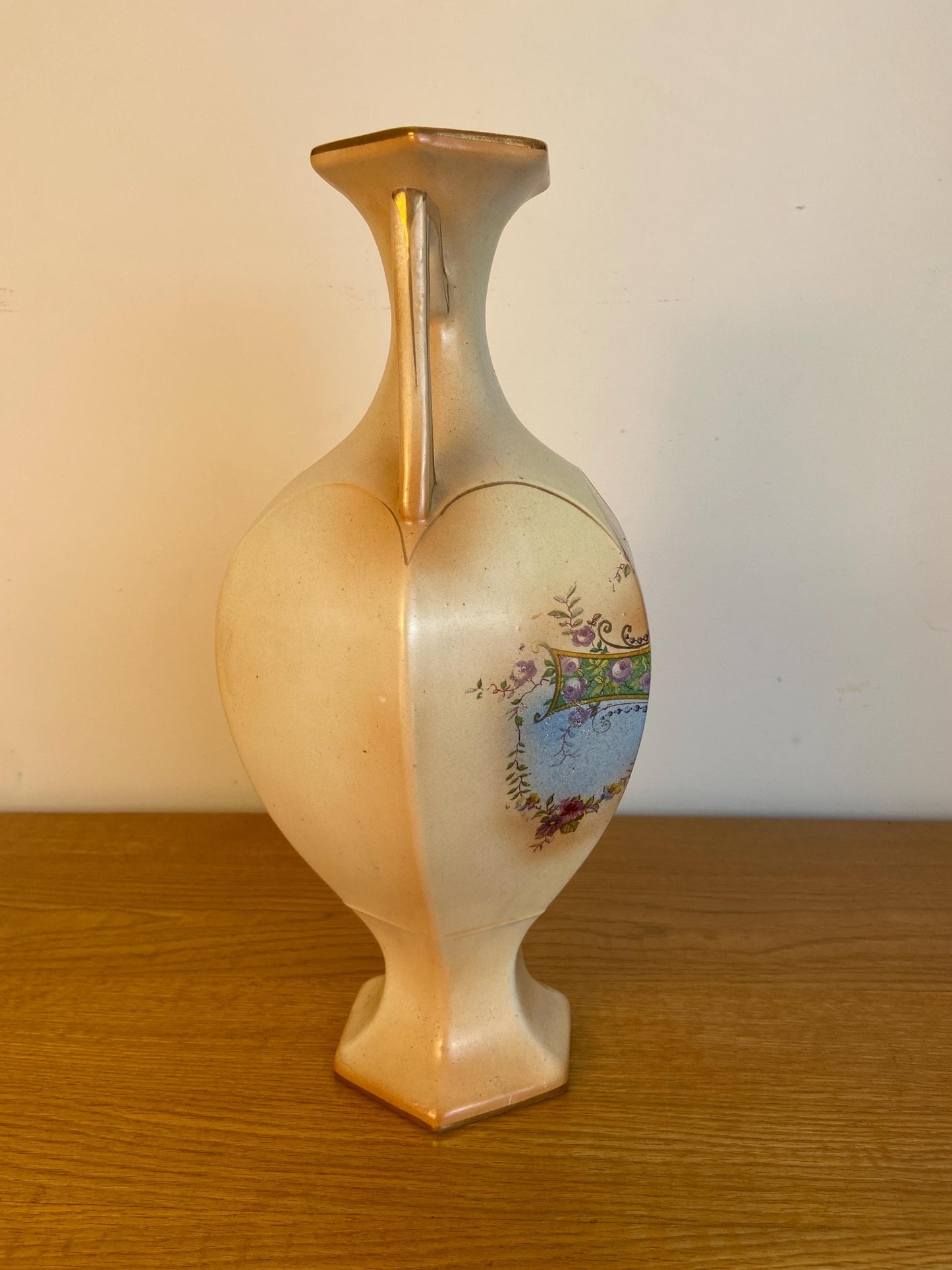 Early 1900s Tall Painted Two handled Vase - matt earthenware style with painted ornate floral detail, and gilt edging - statement piece vgc