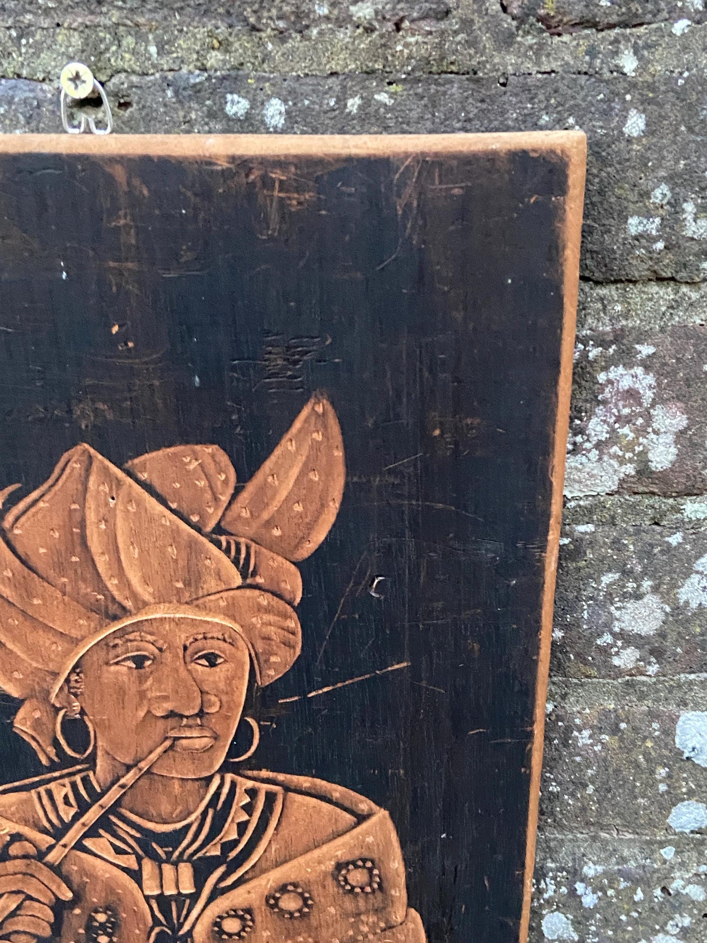 Vintage African Art – burnt wood, pyrography, depiction of African woman in traditional ethnic dress, signed L.Gwala