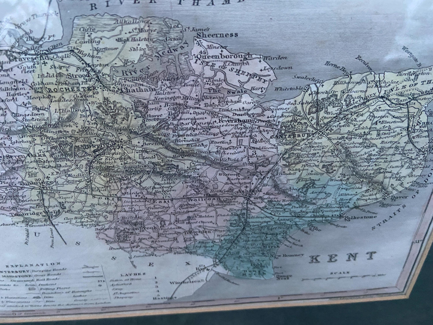 1800s vintage Kent map – hand painted print; drawn and engraved by J Archer Pentonville, London