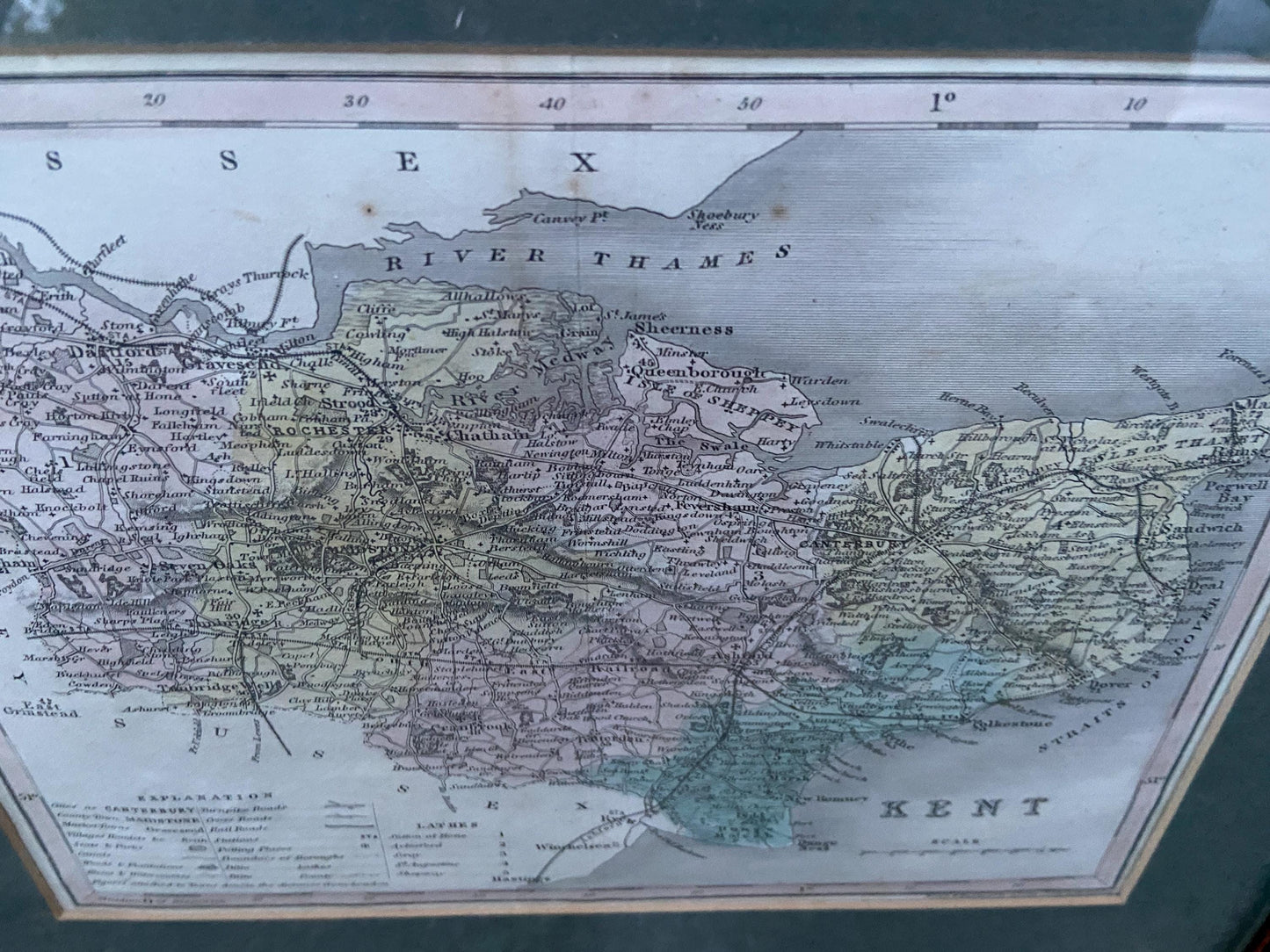 1800s vintage Kent map – hand painted print; drawn and engraved by J Archer Pentonville, London