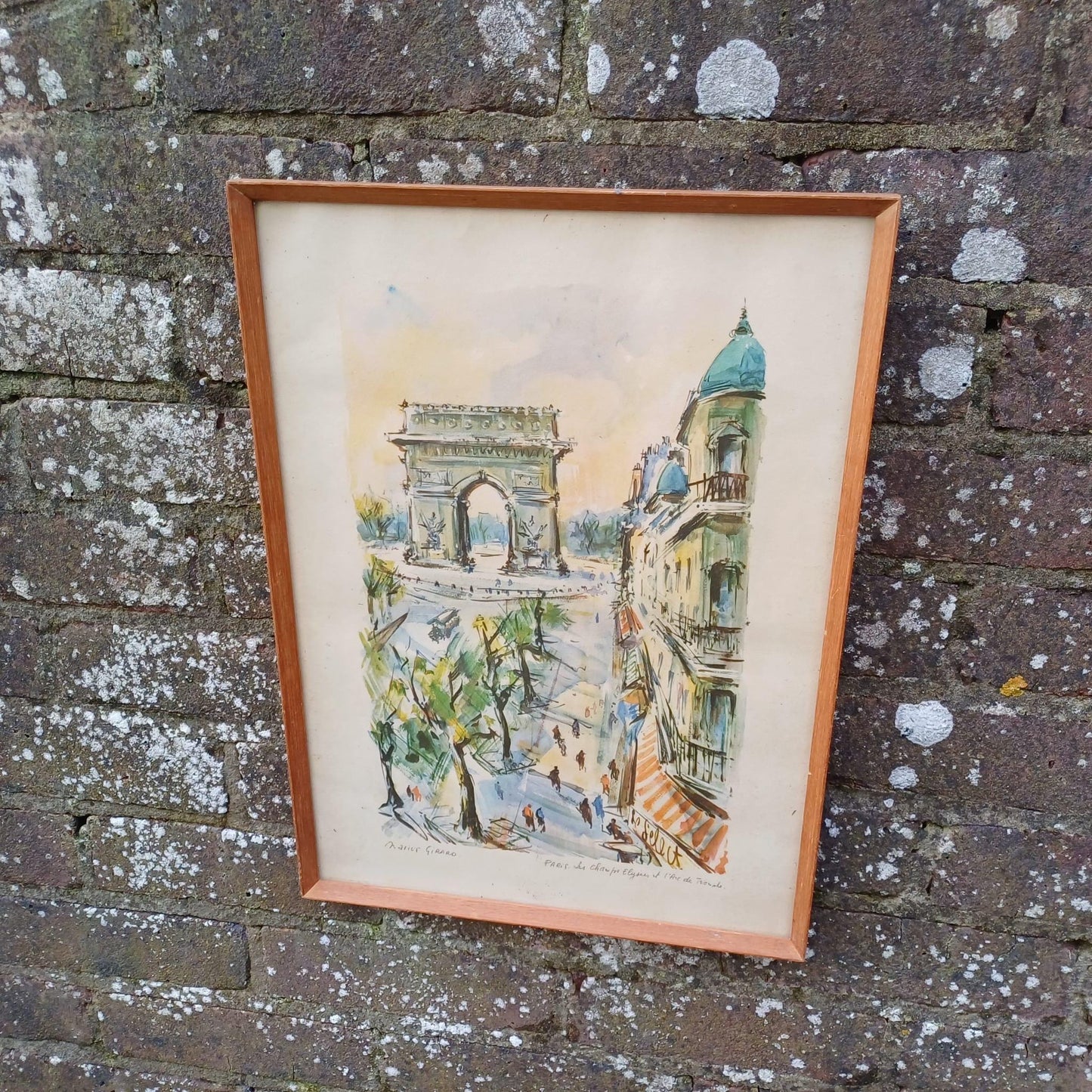 Retro Print of Marius Girard Paris Water Colour - mid century retro painting, vintage frame Les Champs Elysees Arc de Triomphe (46cm x 33cm)