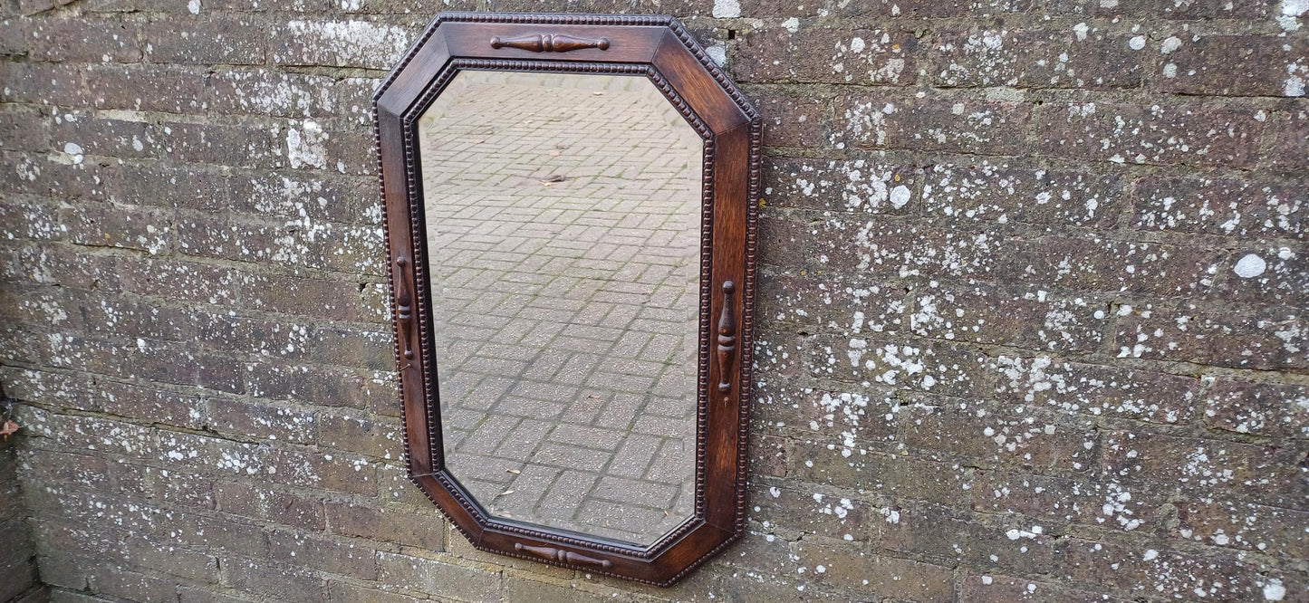 Large Vintage Oak Hexagonal Wall Mirror with Bevelled Glass and Two Small Hooks – Functional Retro Decor