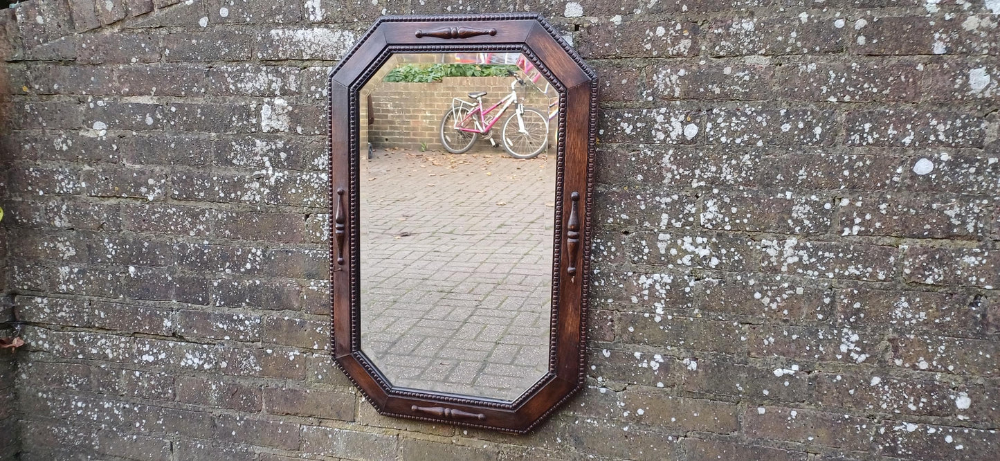 Large Vintage Oak Hexagonal Wall Mirror with Bevelled Glass and Two Small Hooks – Functional Retro Decor