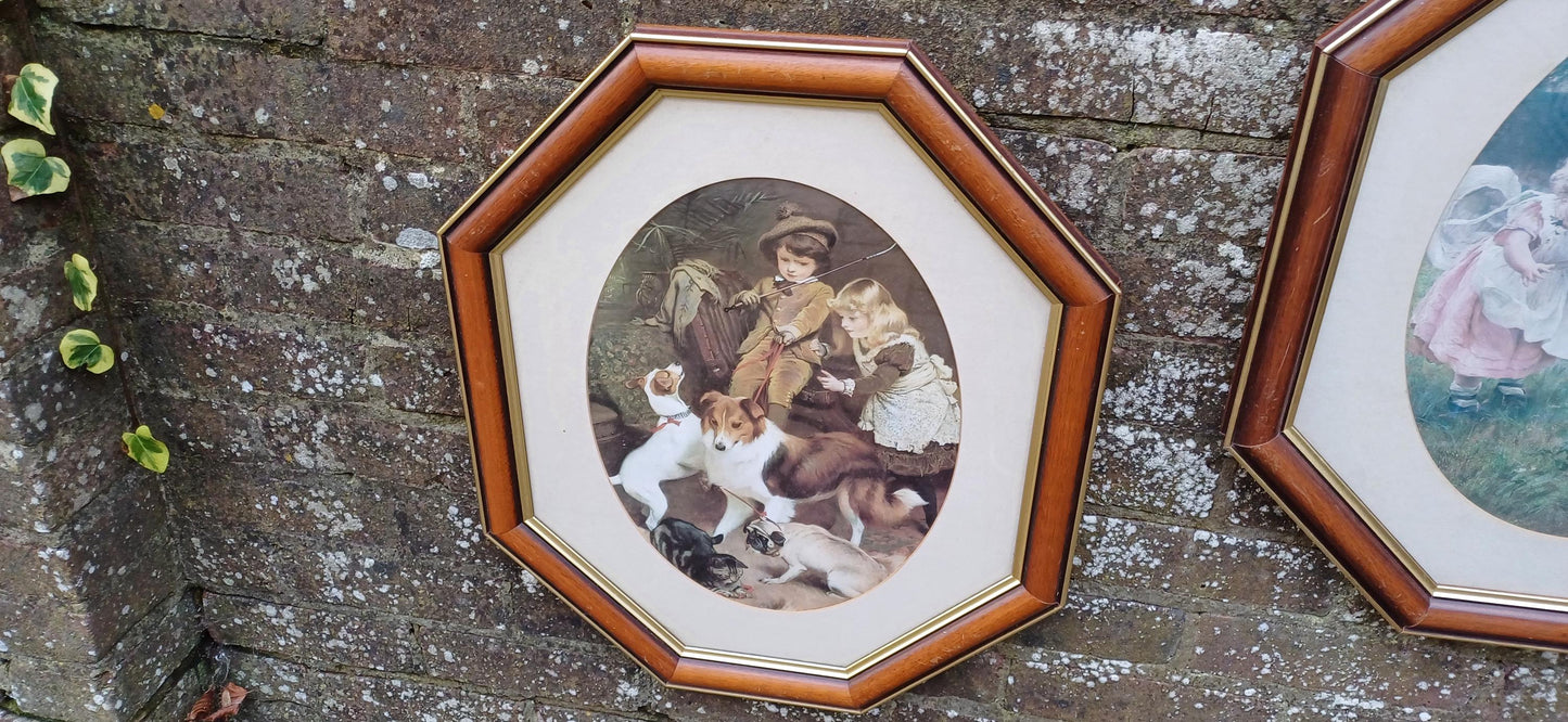Splendid Very Large Pair of 1980s Vintage Wooden Stained Hexagonal Picture Frames with Glazing and Mounts Traditional Vintage Prints