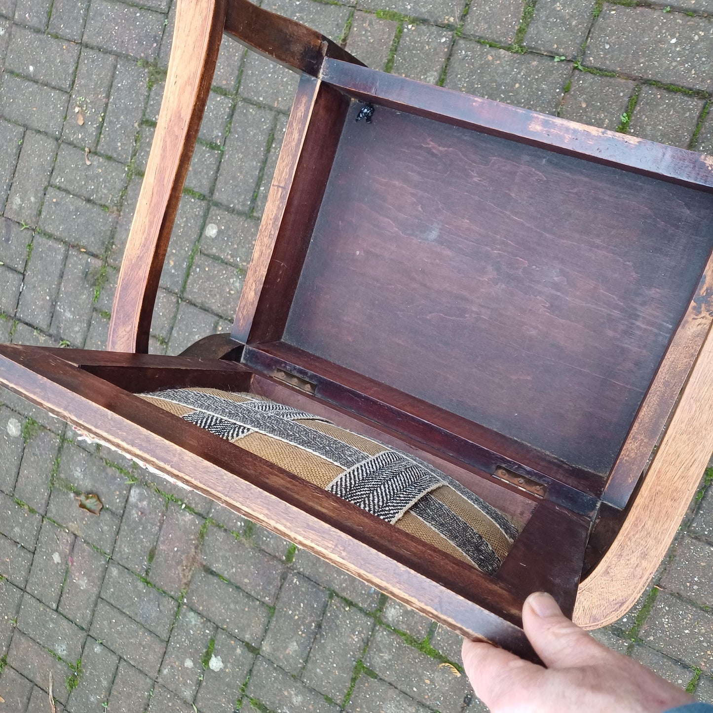 Vintage Edwardian Inlaid and Upholstered Piano Stool with Inner Compartment.