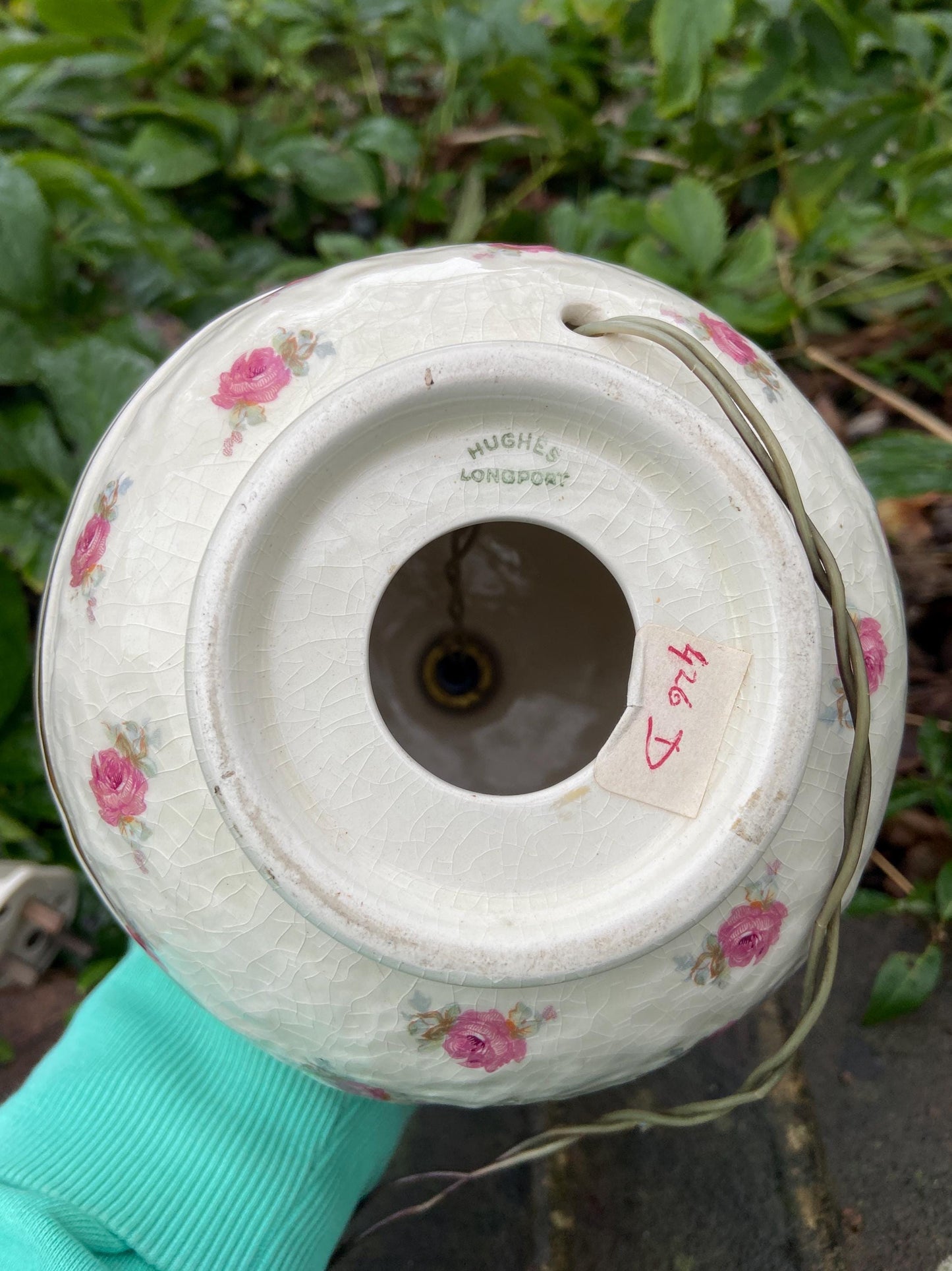 1950s rounded crackle glaze ceramic lamp with roses and unusual gold band (Hughes of Longport)