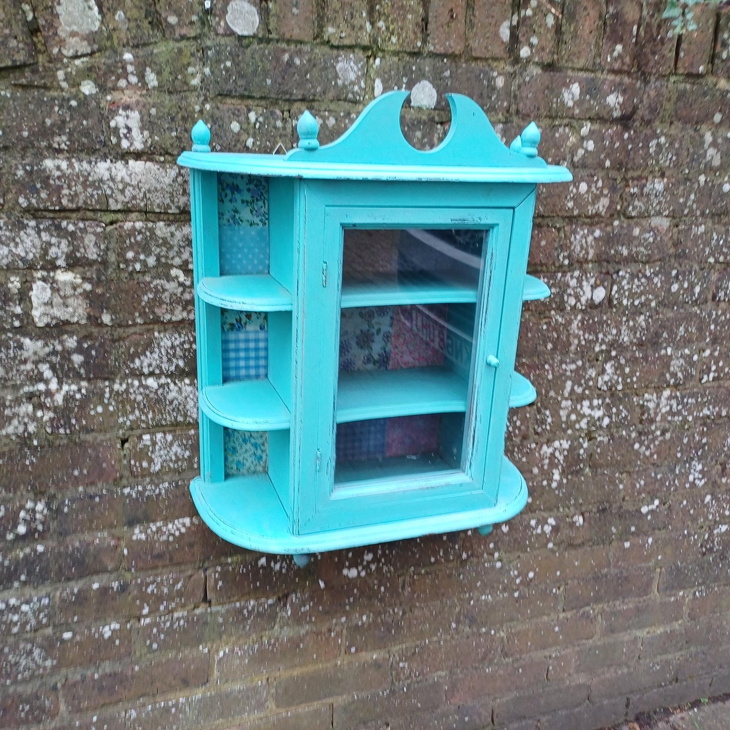 Bespoke Upcycled Glazed Display Cupboard in Turquoise with Decoupage Decoration Shabby Chic Chintz.